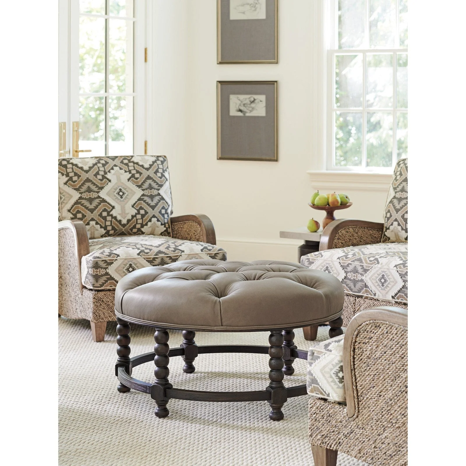 Barclay Butera Upholstery Hanover Leather Tufted Top Ottoman - Image 2