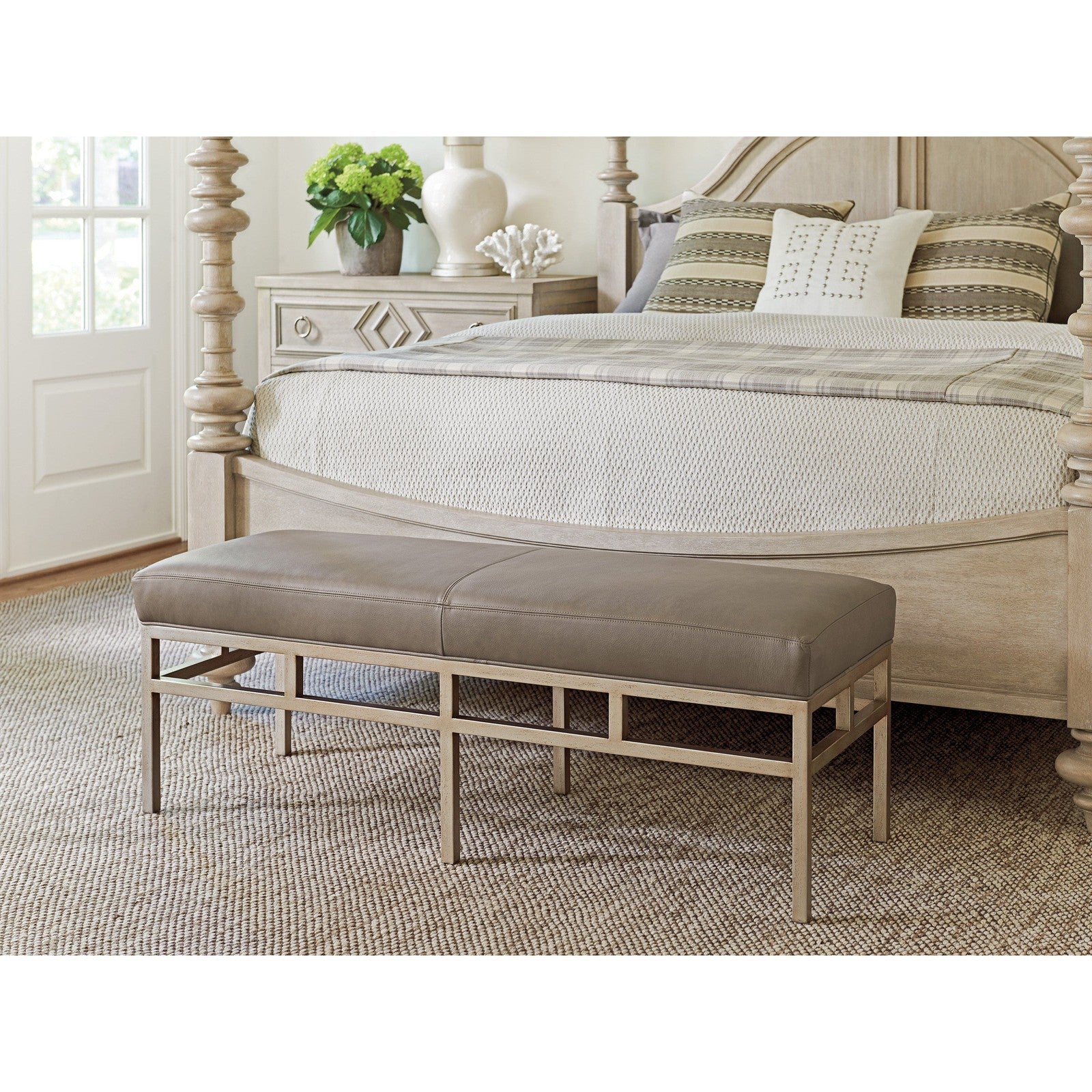 Barclay Butera Upholstery Lucca Leather Metal Bench - Image 2