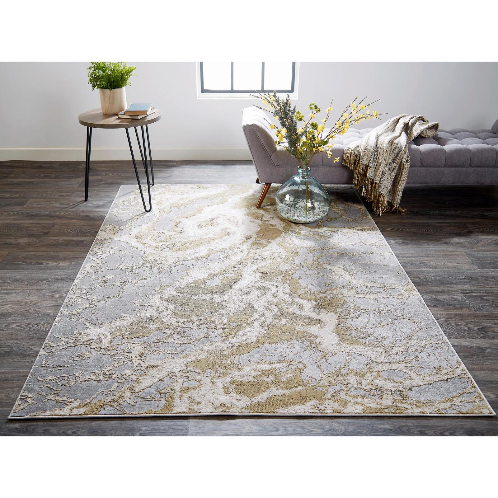 Feizy Aura 3563F Modern Abstract Rug in Ivory/Silver/Gold - Image 2