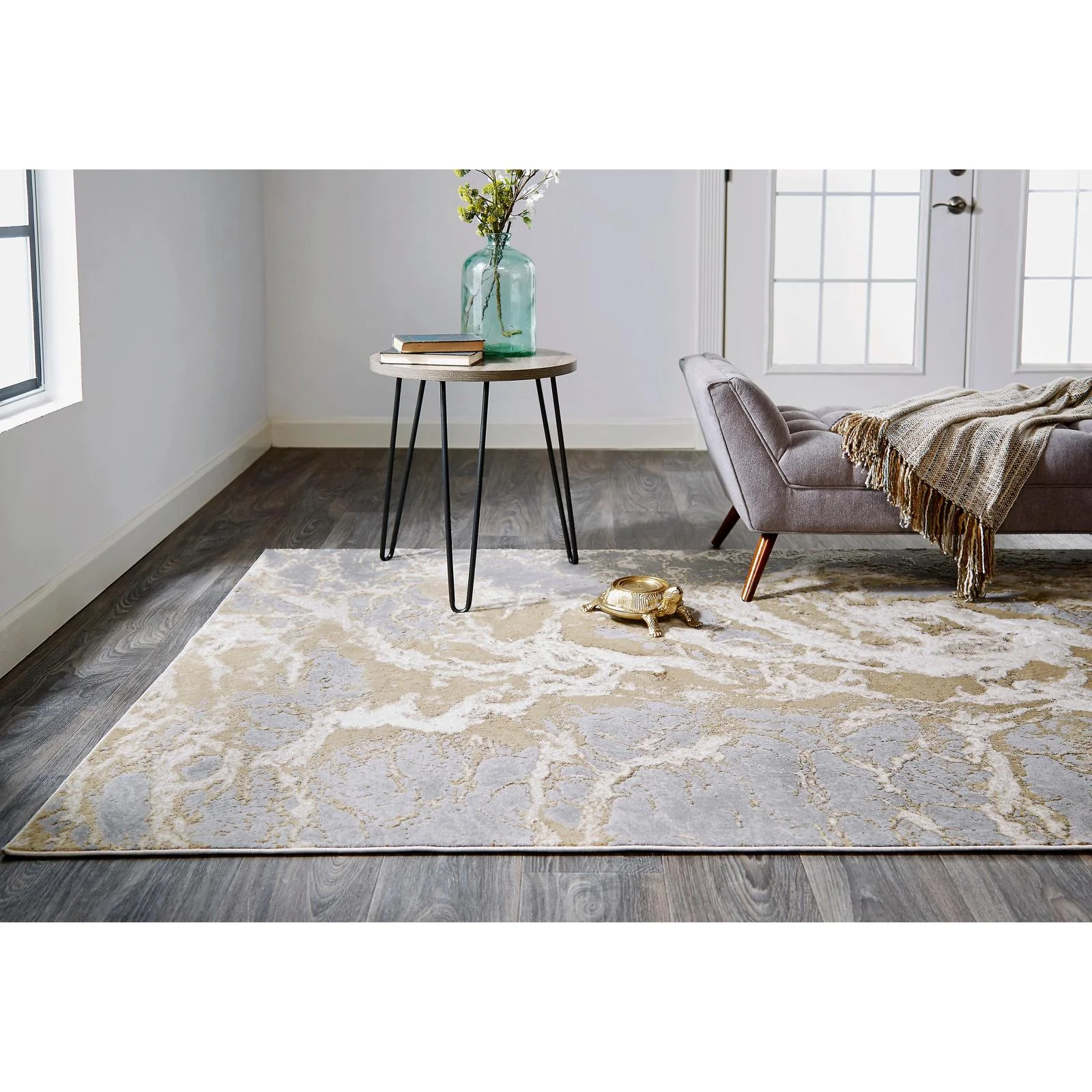 Feizy Aura 3563F Modern Abstract Rug in Ivory/Silver/Gold - Image 4