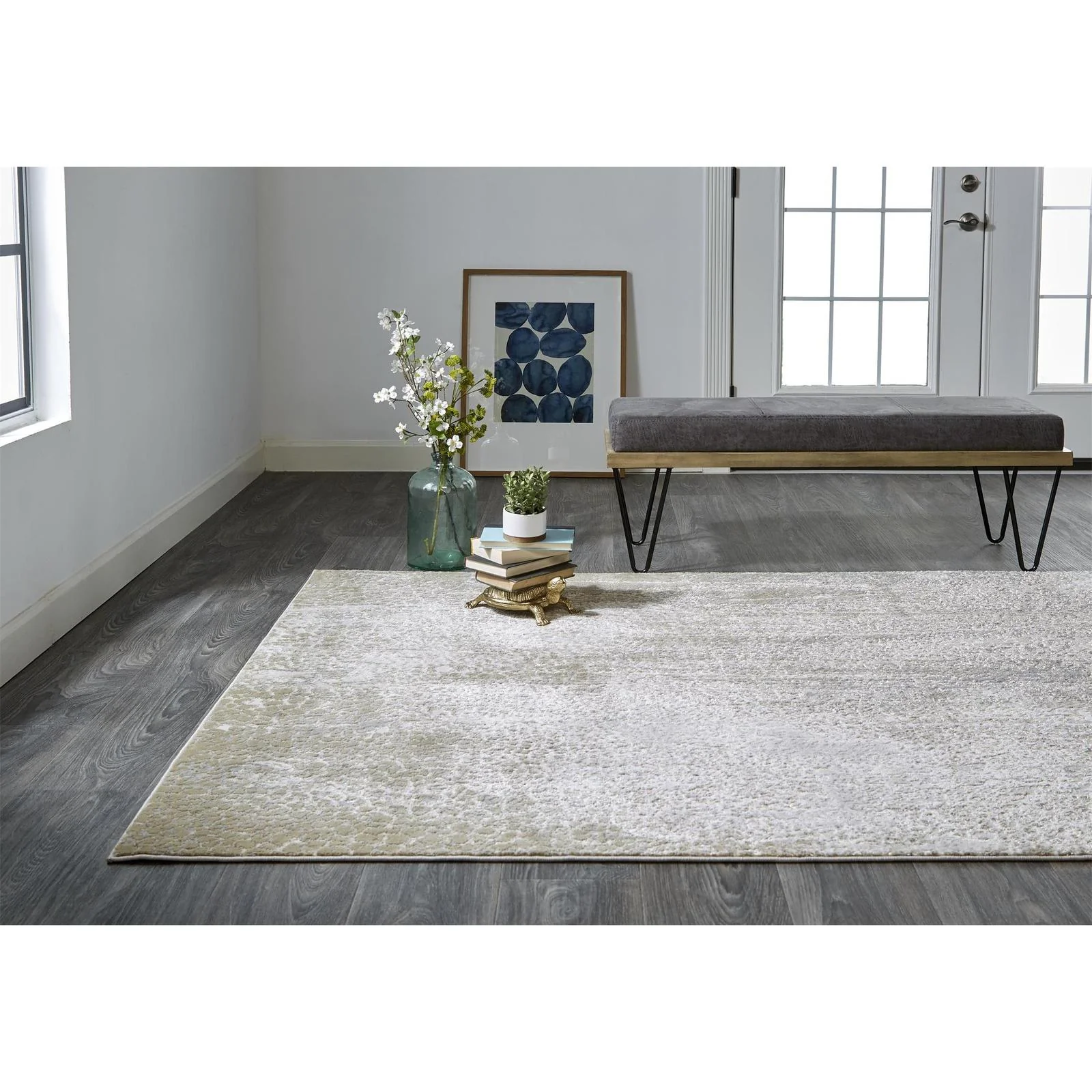Feizy Aura 3739F Modern Abstract Rug in Ivory/Gray/Gold - Image 3