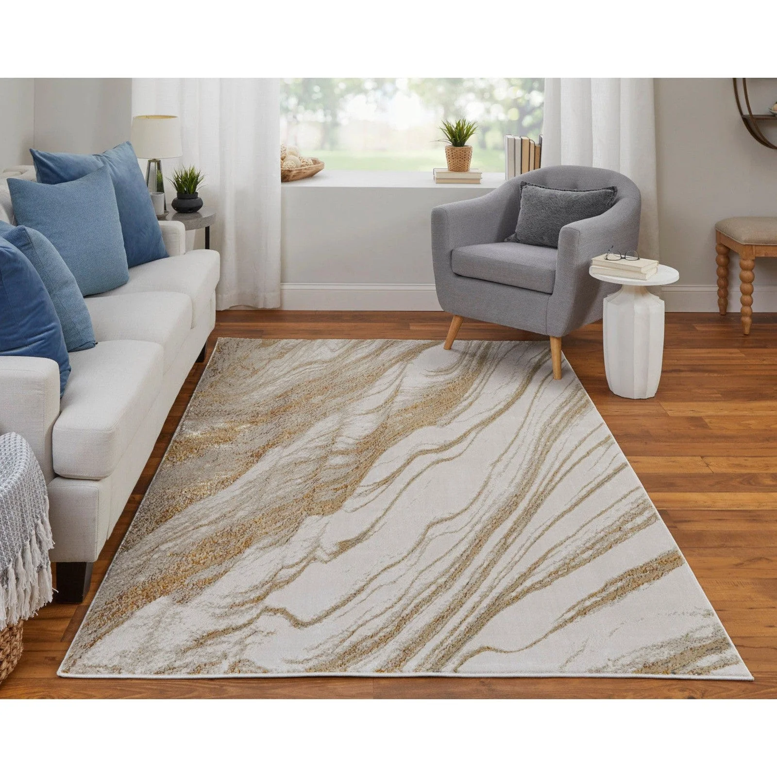 Feizy Aura 39LLF Modern Abstract Rug in Ivory/Taupe/Gold - Image 2