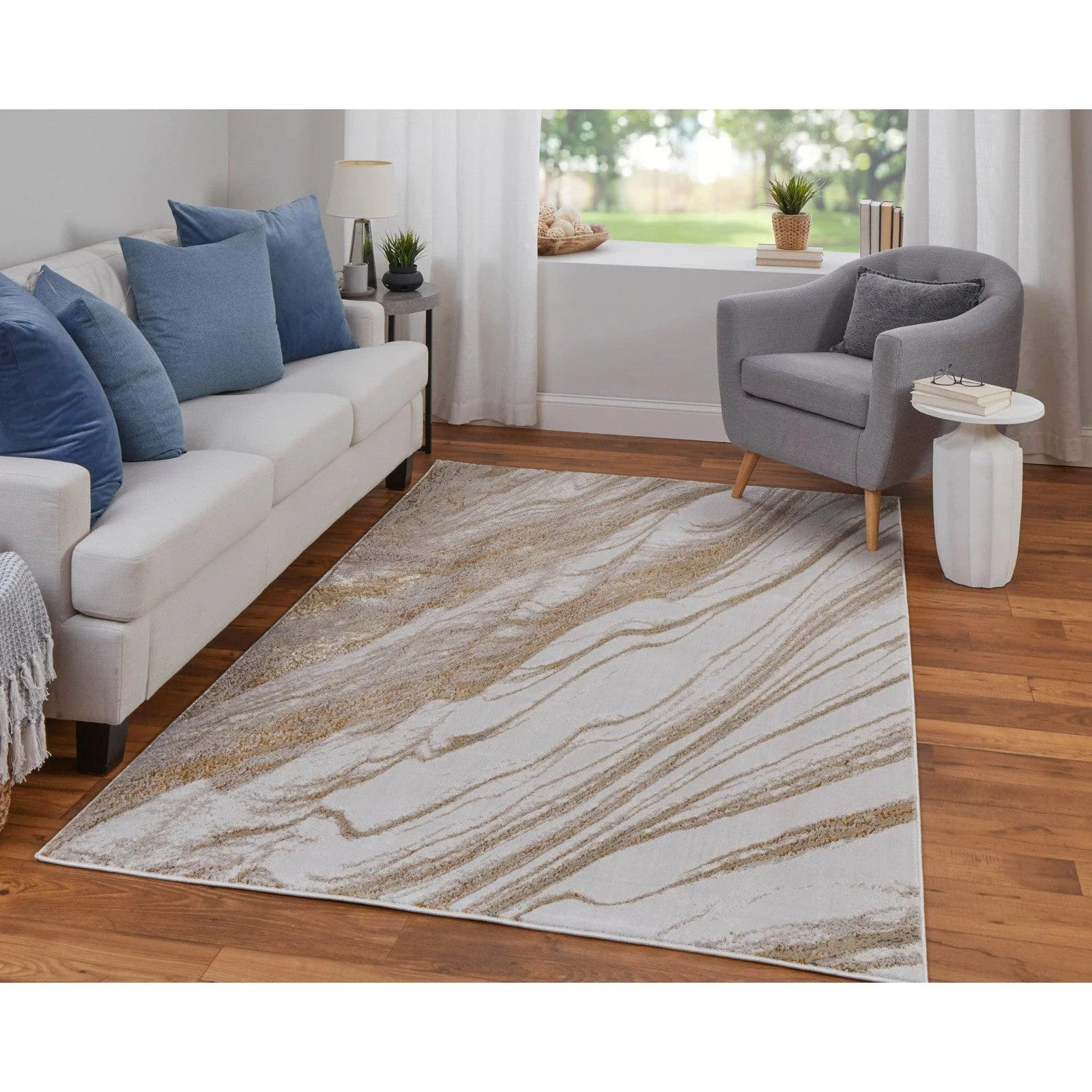 Feizy Aura 39LLF Modern Abstract Rug in Ivory/Taupe/Gold - Image 3
