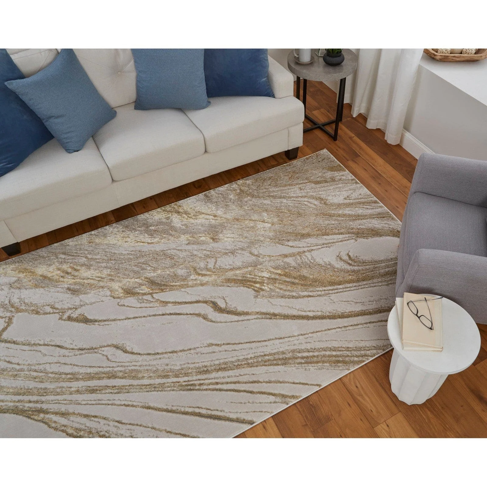 Feizy Aura 39LLF Modern Abstract Rug in Ivory/Taupe/Gold - Image 4