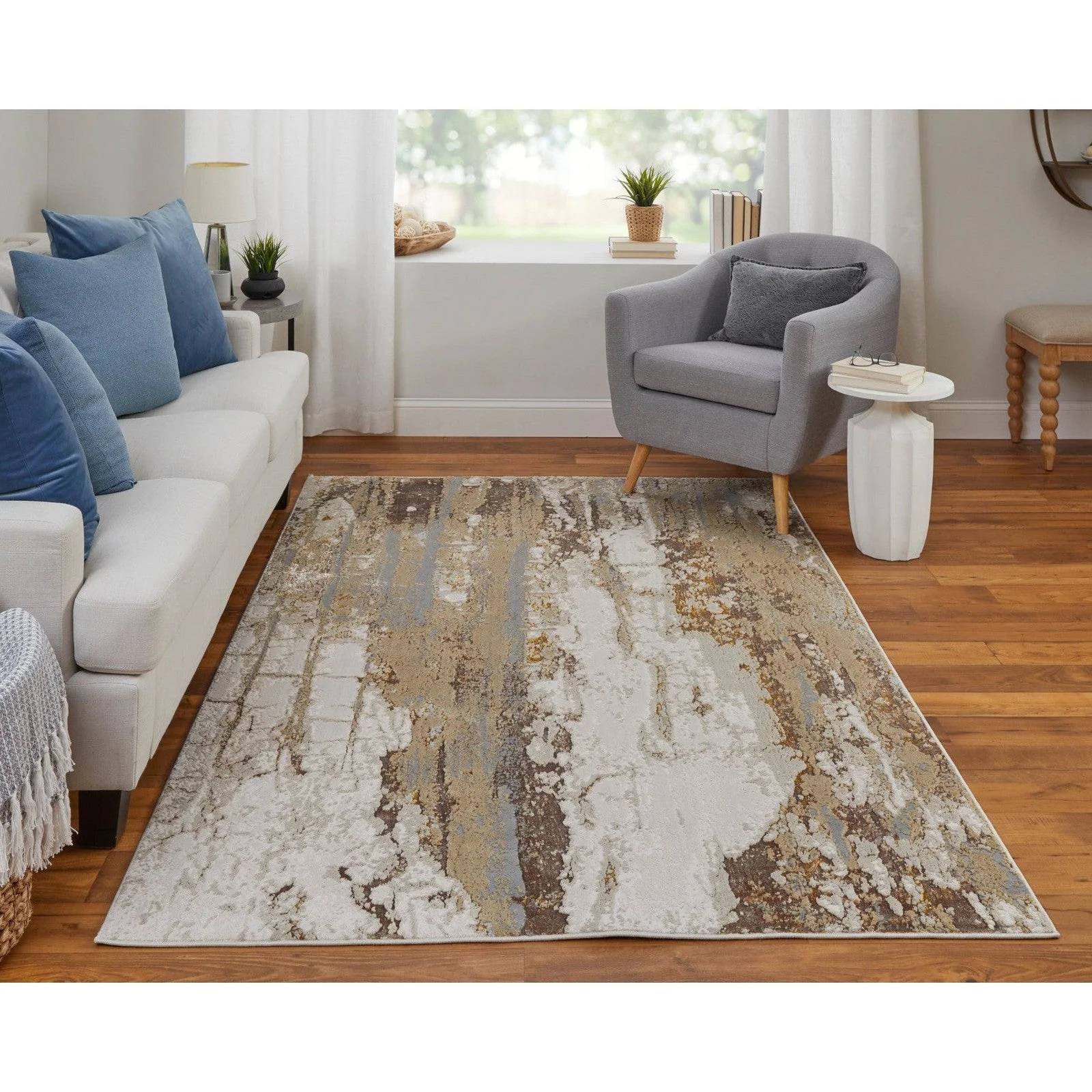 Feizy Aura 39LMF Modern Abstract Rug in Ivory/Gold/Brown - Image 2