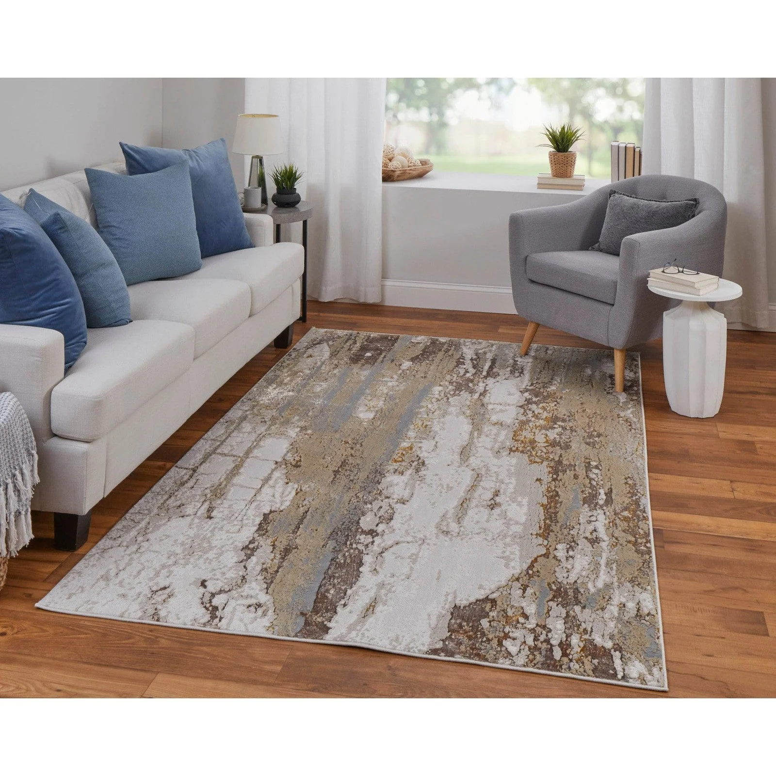 Feizy Aura 39LMF Modern Abstract Rug in Ivory/Gold/Brown - Image 3