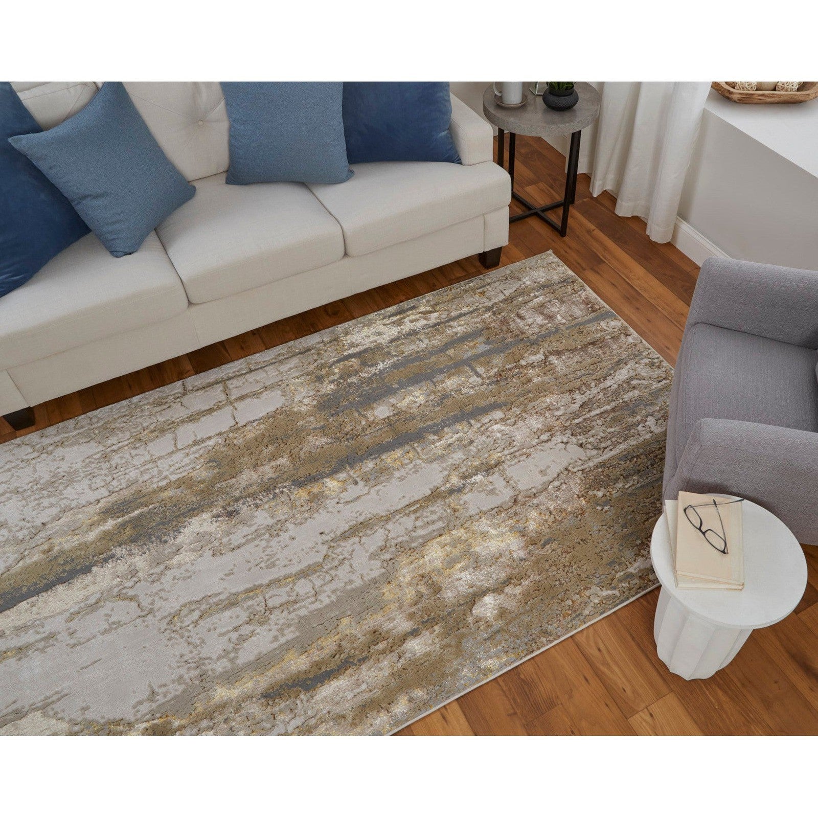 Feizy Aura 39LMF Modern Abstract Rug in Ivory/Gold/Brown - Image 4