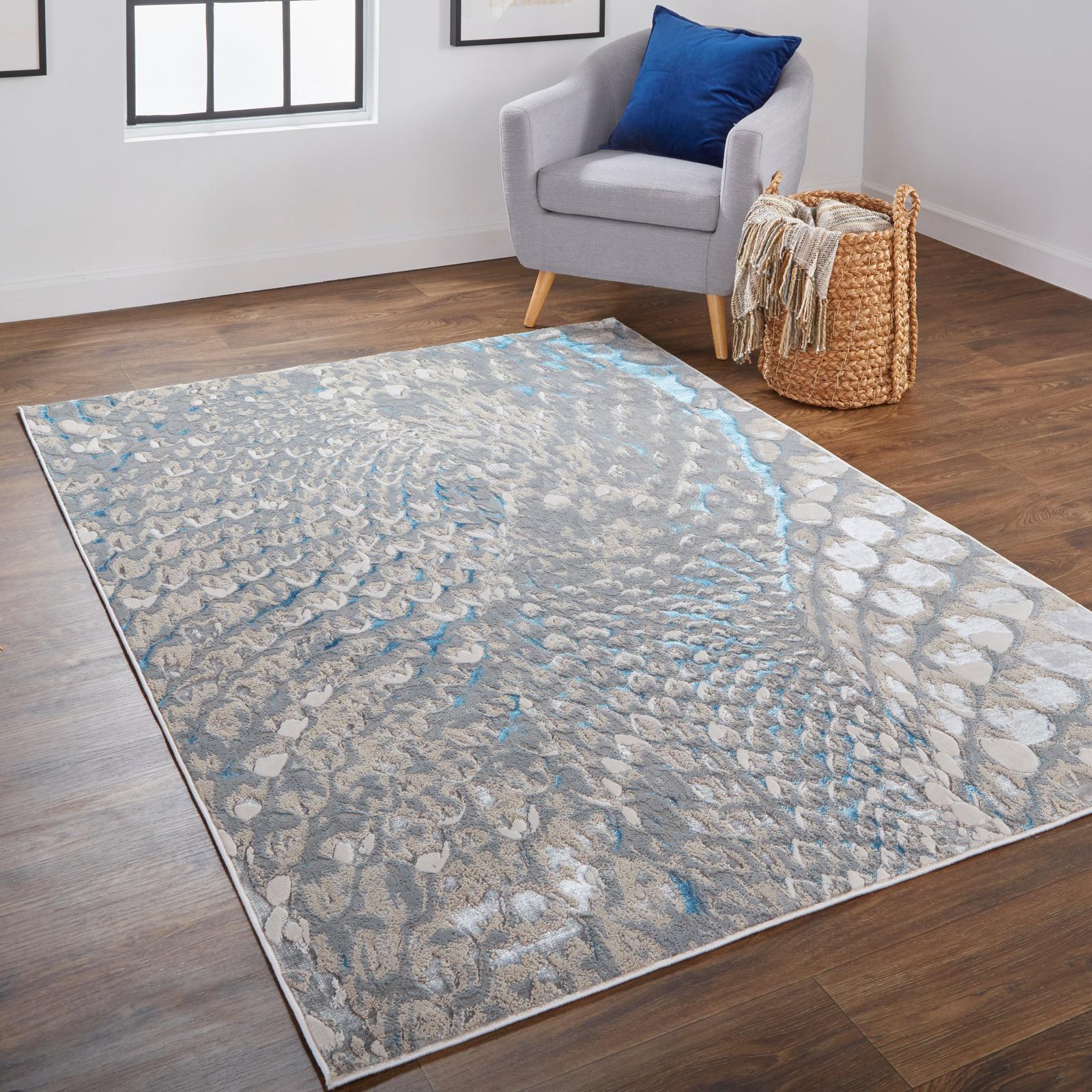 Feizy Azure 3403F Modern Abstract Rug in Blue/Silver/Gray - Image 3