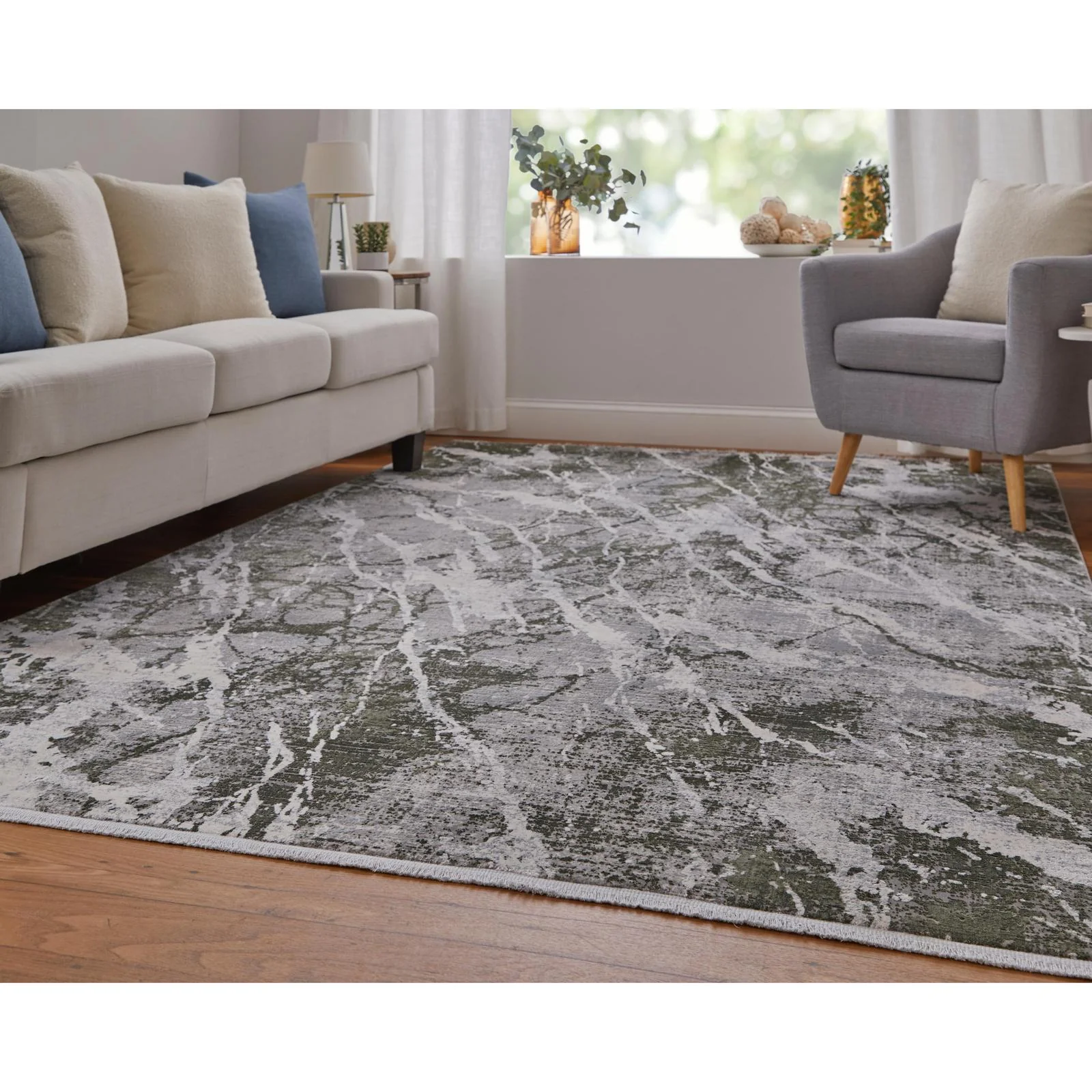 Feizy Cadiz 39N6F Modern Abstract Rug in Gray/Green/Taupe - Image 2