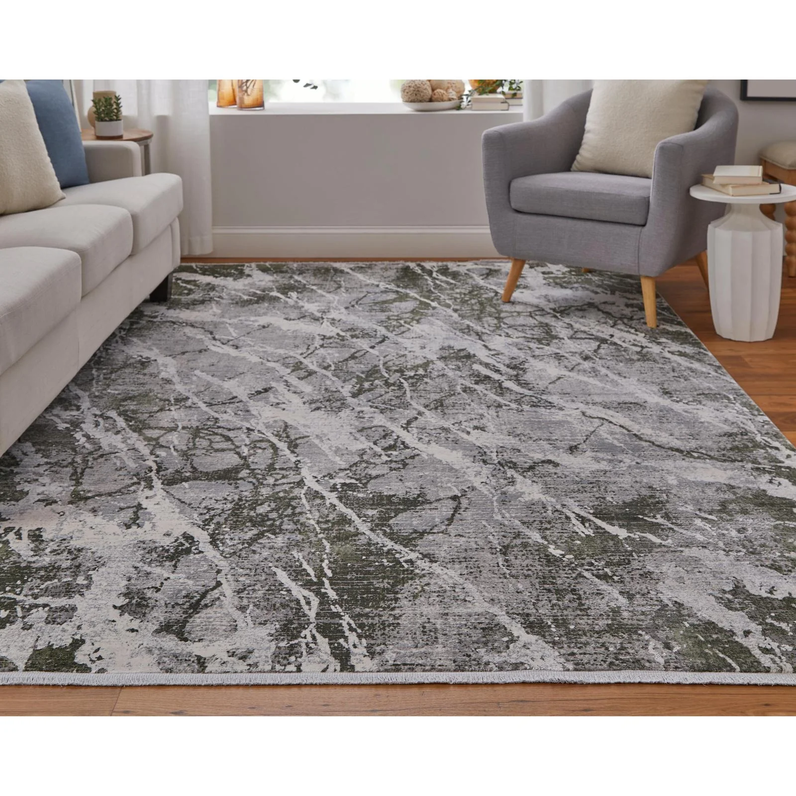 Feizy Cadiz 39N6F Modern Abstract Rug in Gray/Green/Taupe - Image 4