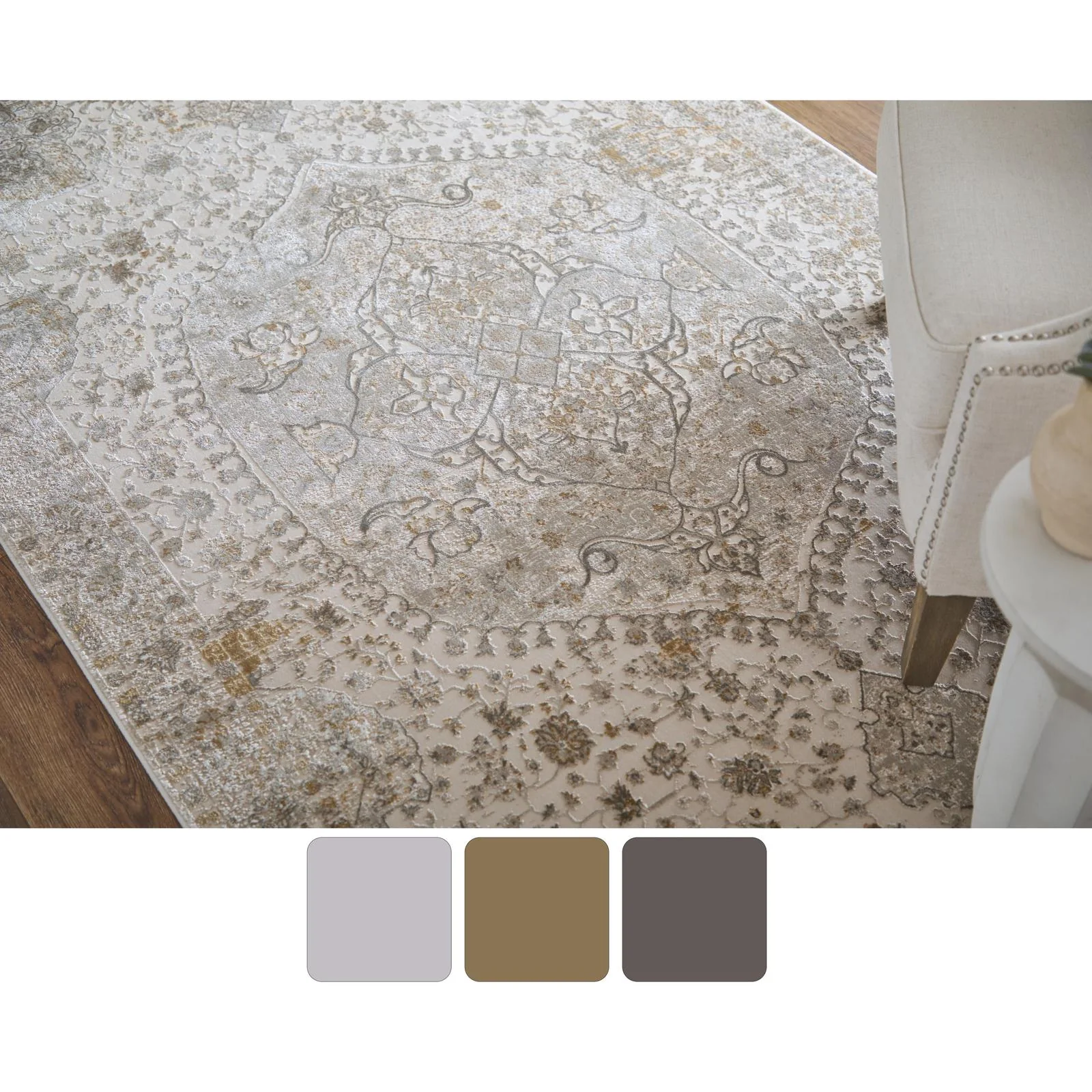 Feizy Cadiz 39T0F Traditional Medallion Rug in Ivory/Gray/Gold - Image 10