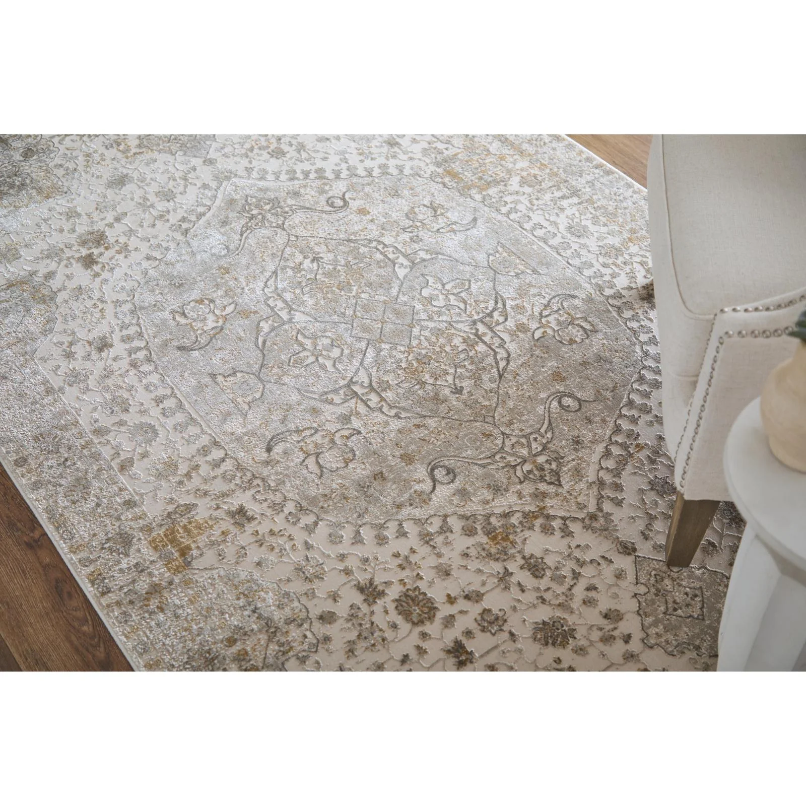 Feizy Cadiz 39T0F Traditional Medallion Rug in Ivory/Gray/Gold - Image 2