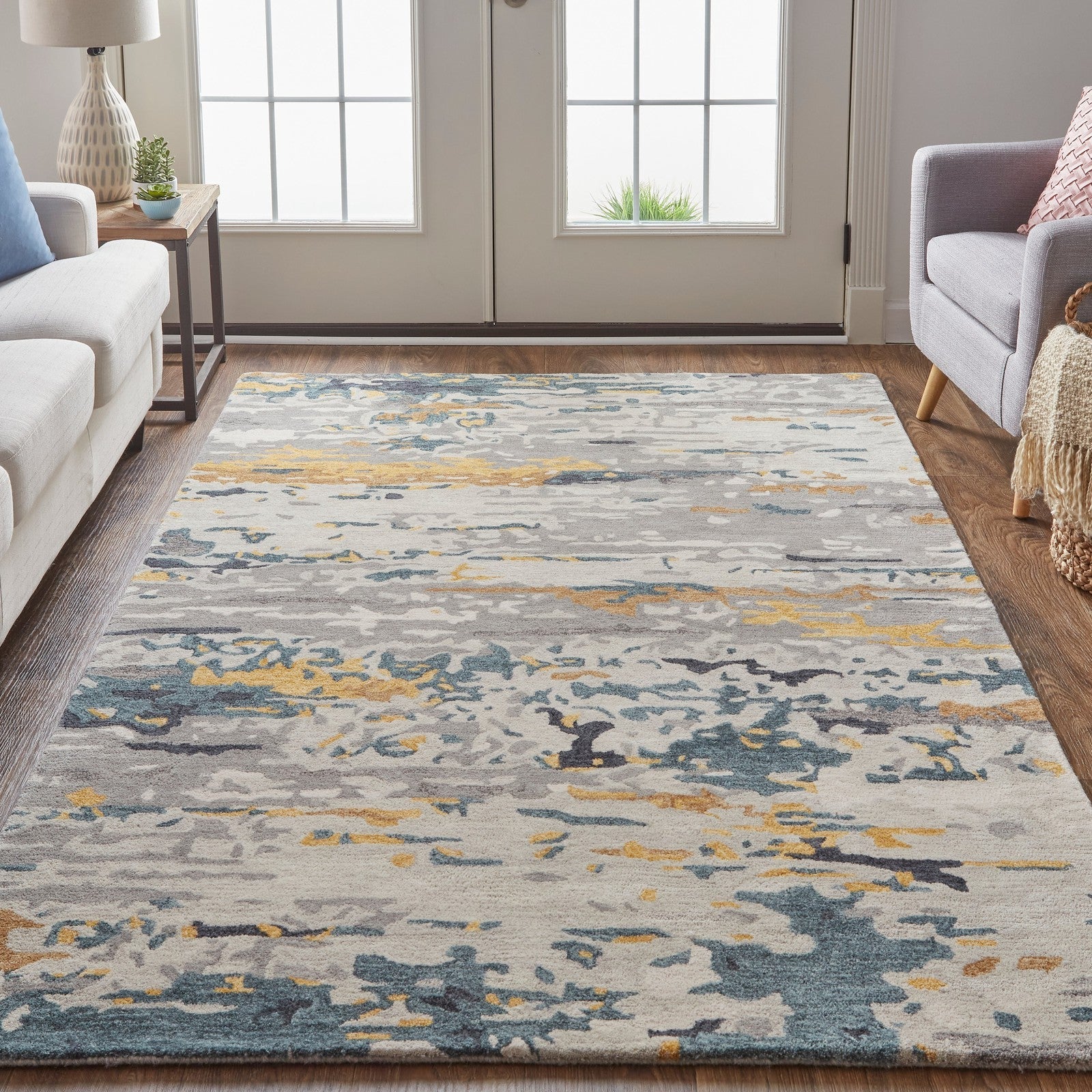 Feizy Everley 8644F Modern Abstract in Gray/Yellow/Blue - Image 3
