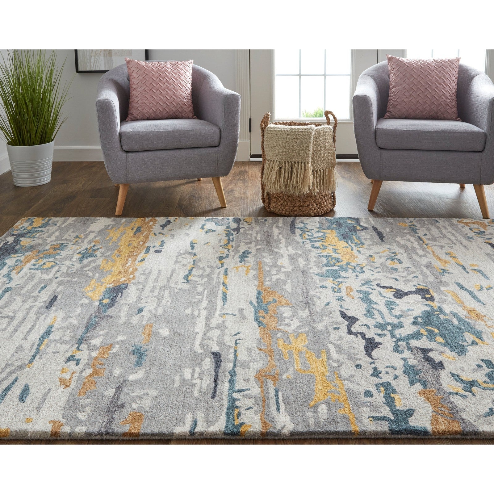 Feizy Everley 8644F Modern Abstract in Gray/Yellow/Blue - Image 4