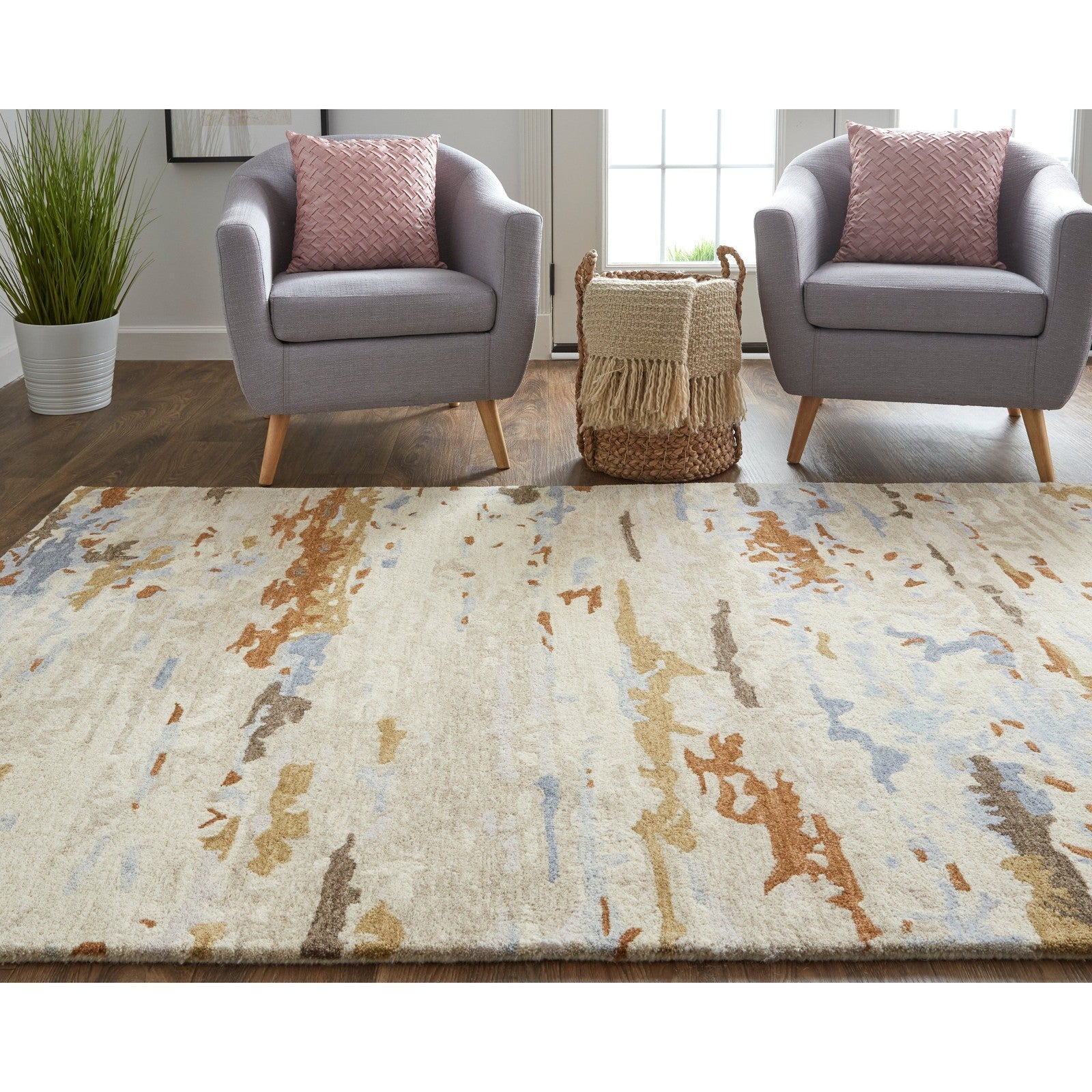 Feizy Everley 8644F Modern Abstract in Ivory/Blue/Brown - Image 4