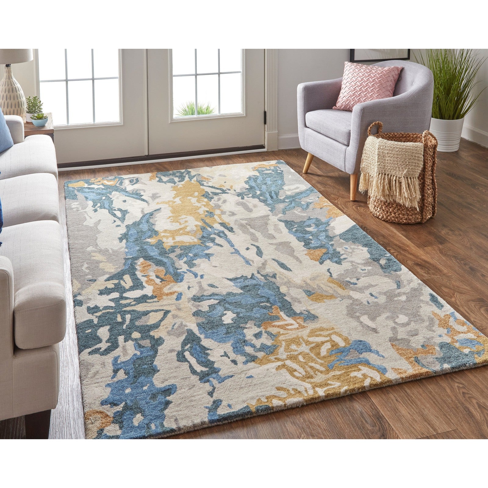 Feizy Everley 8645F Modern Abstract in Gray/Blue/Gold - Image 2