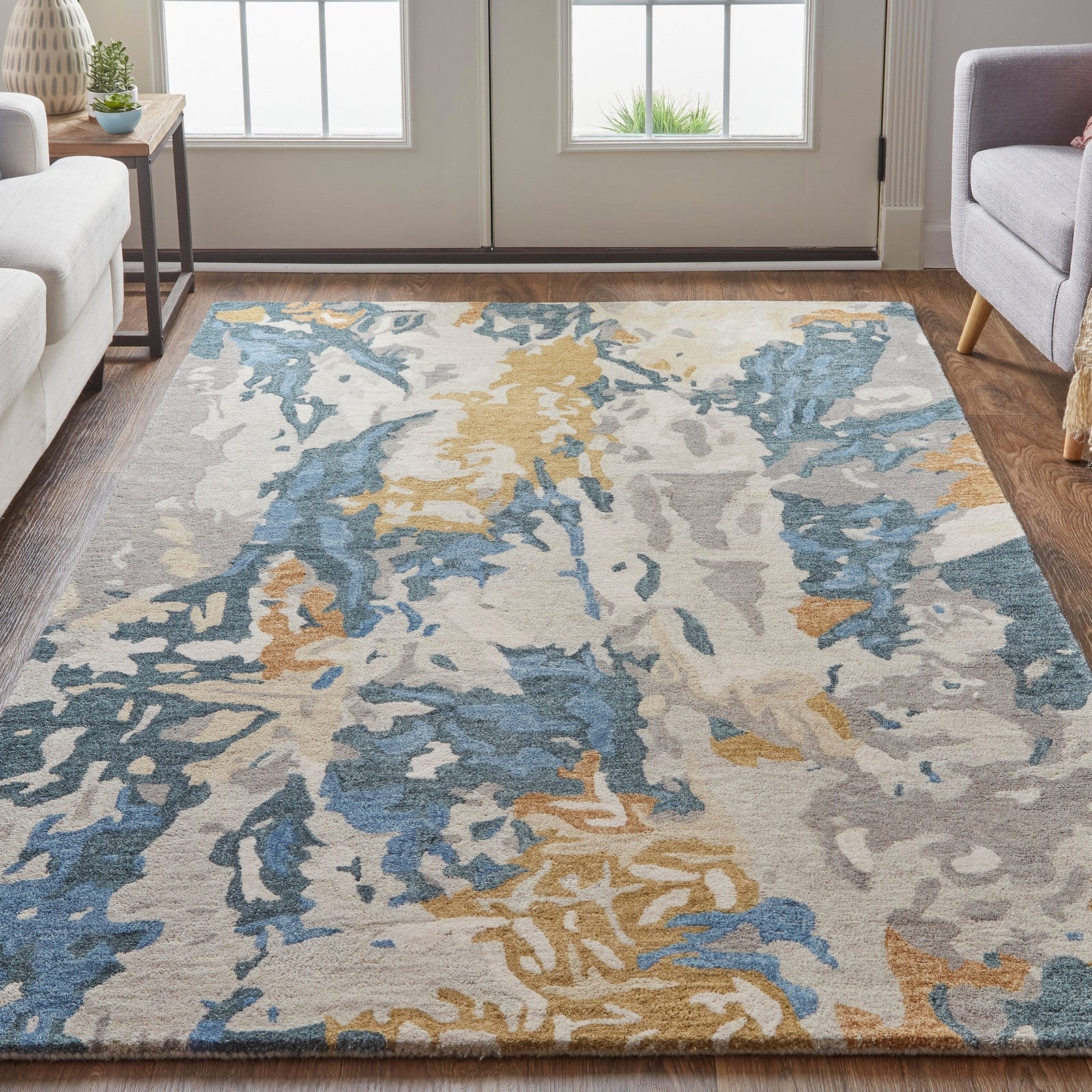 Feizy Everley 8645F Modern Abstract in Gray/Blue/Gold - Image 3