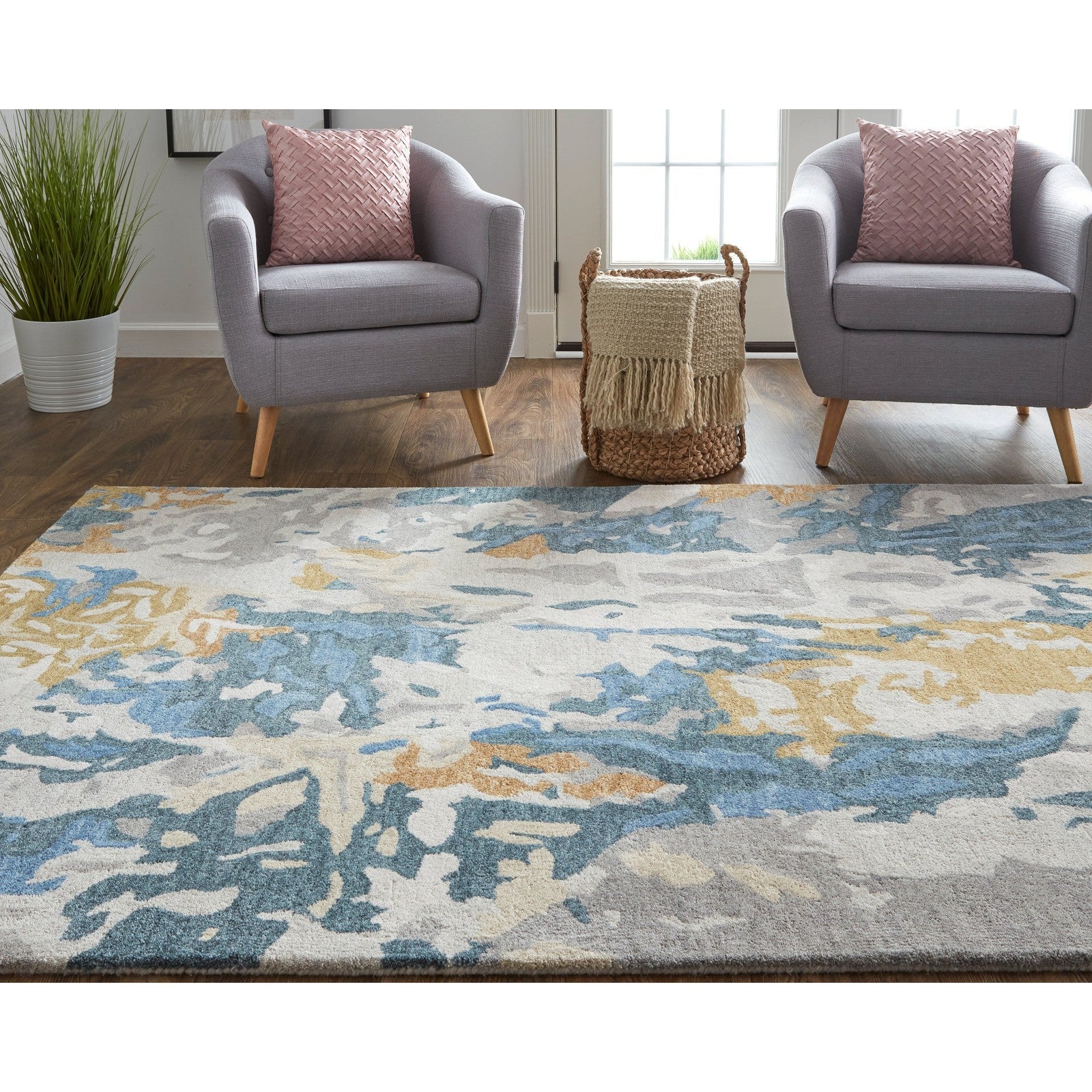 Feizy Everley 8645F Modern Abstract in Gray/Blue/Gold - Image 4