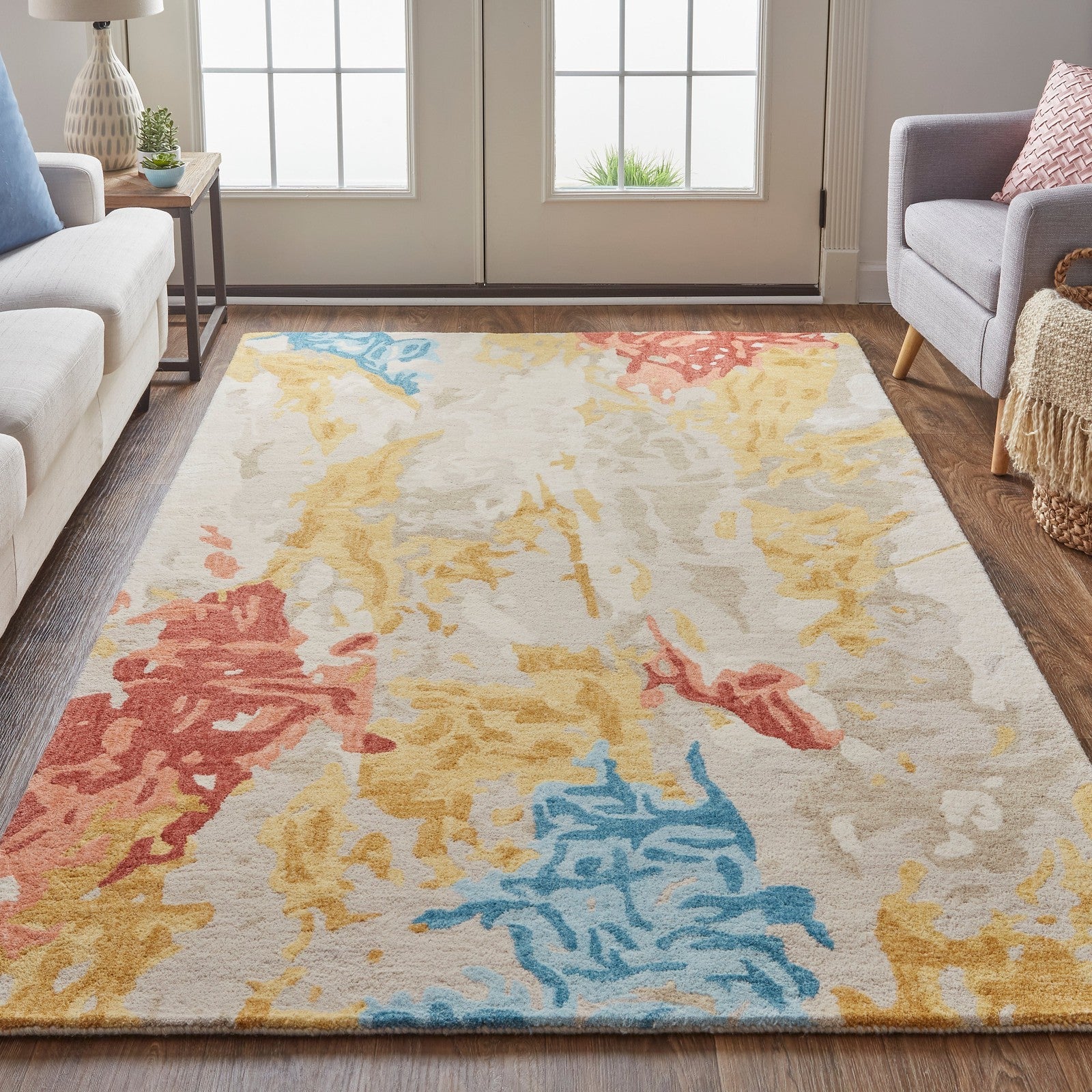 Feizy Everley 8646F Modern Abstract in Ivory/Yellow/Blue - Image 3