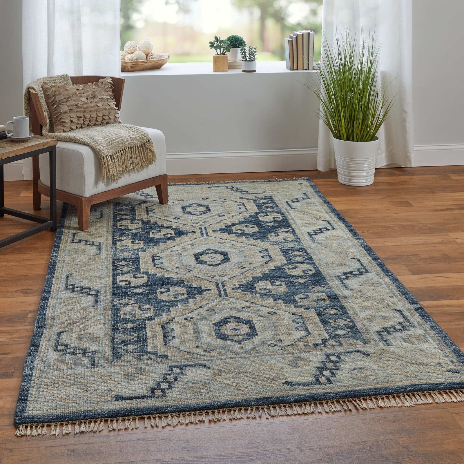 Feizy Fillmore 6943F Traditional Diamond Rug in Blue/Ivory - Image 2