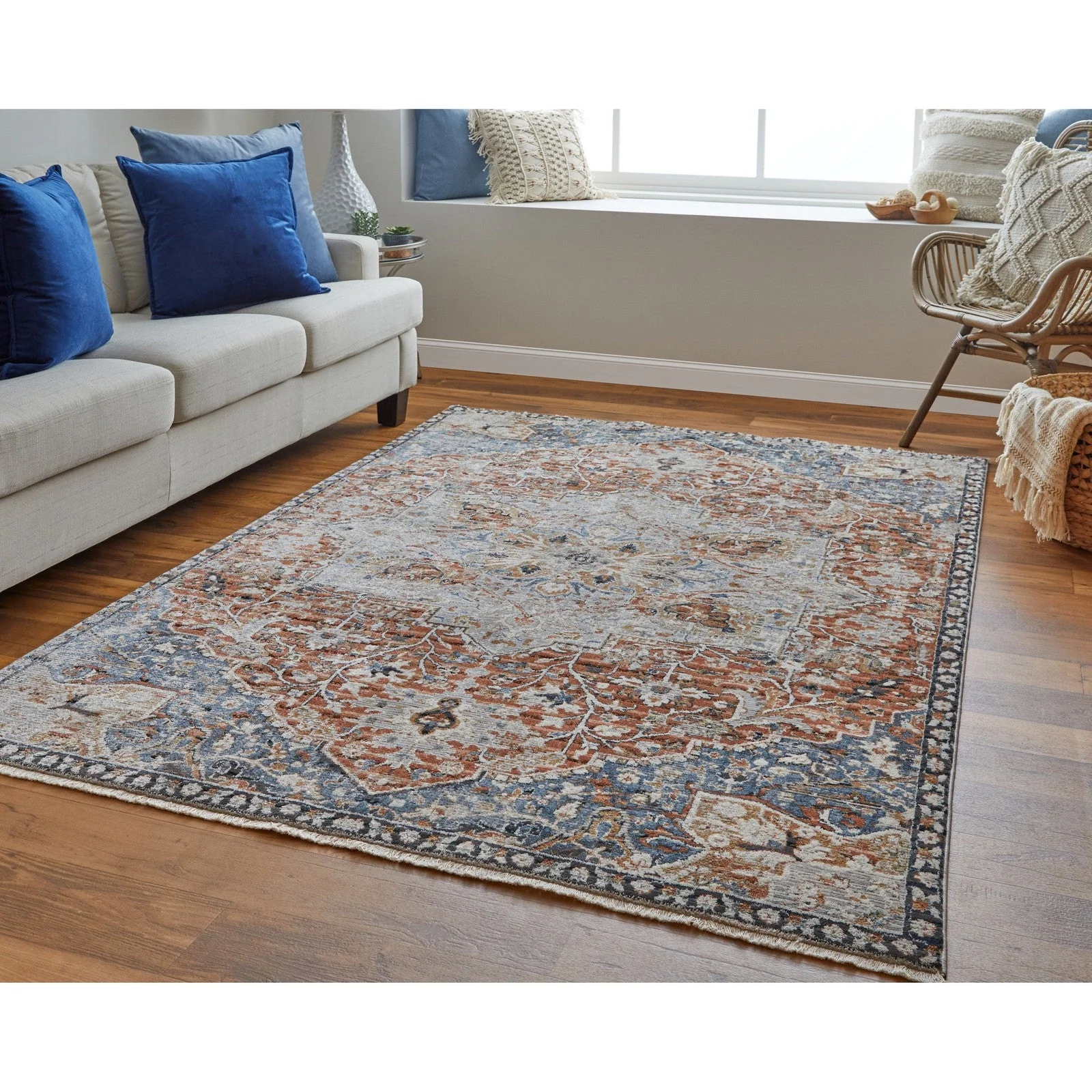 Feizy Kaia 39HXF Transitional Medallion in Orange/Ivory/Blue - Image 2