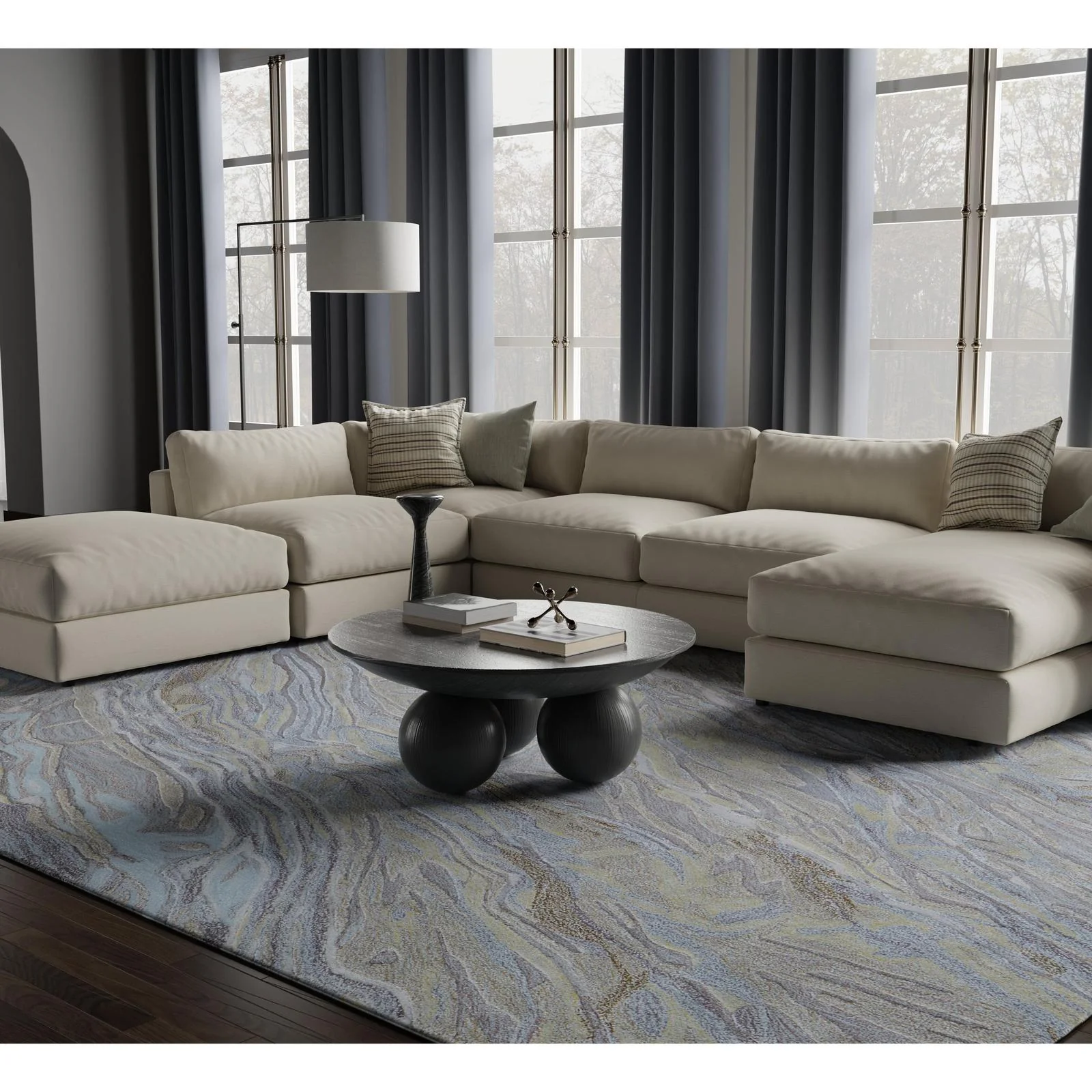 Feizy Kawai 8982F Modern Abstract Rug in Blue/Green/Gray - Image 2