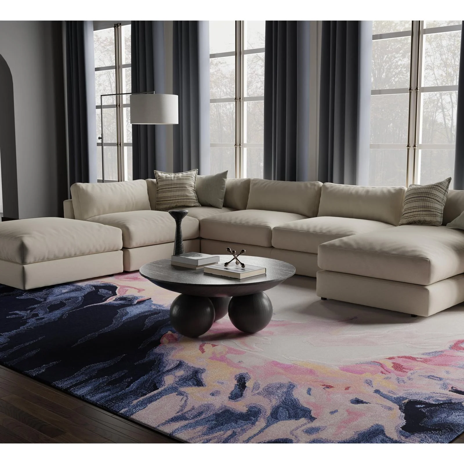 Feizy Kawai 8985F Modern Abstract Rug in Pink/Blue/Ivory - Image 2