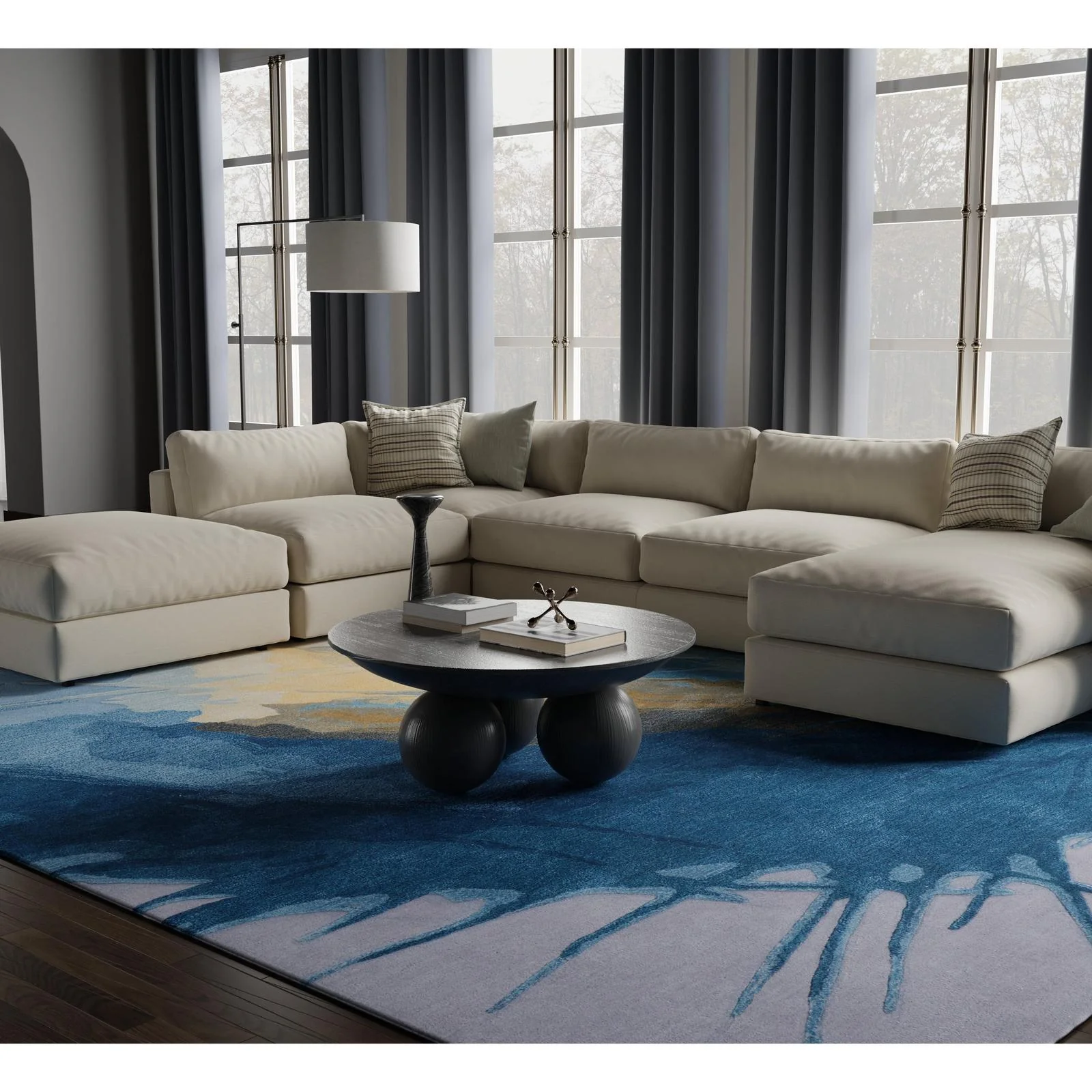 Feizy Kawai 8987F Modern Abstract Rug in Blue/Gold/Gray - Image 2