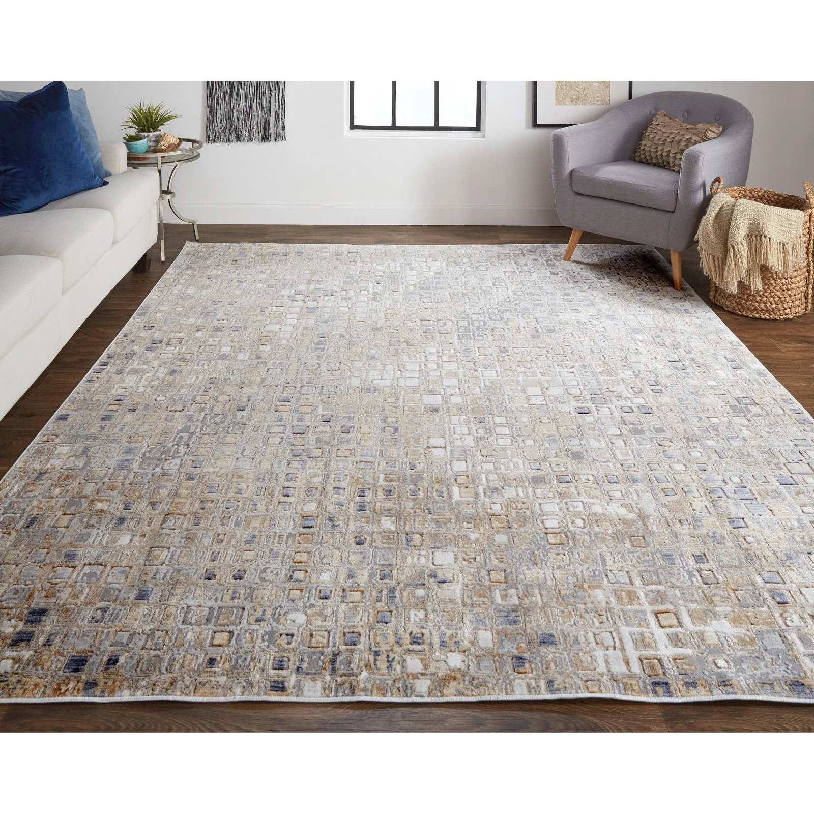 Feizy Laina 39G0F Transitional Geometric in Tan/Ivory/Blue - Image 2