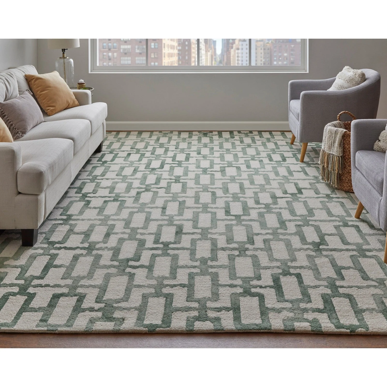 Feizy Lorrain 8919F Modern Geometric Rug in Ivory/Green - Image 2