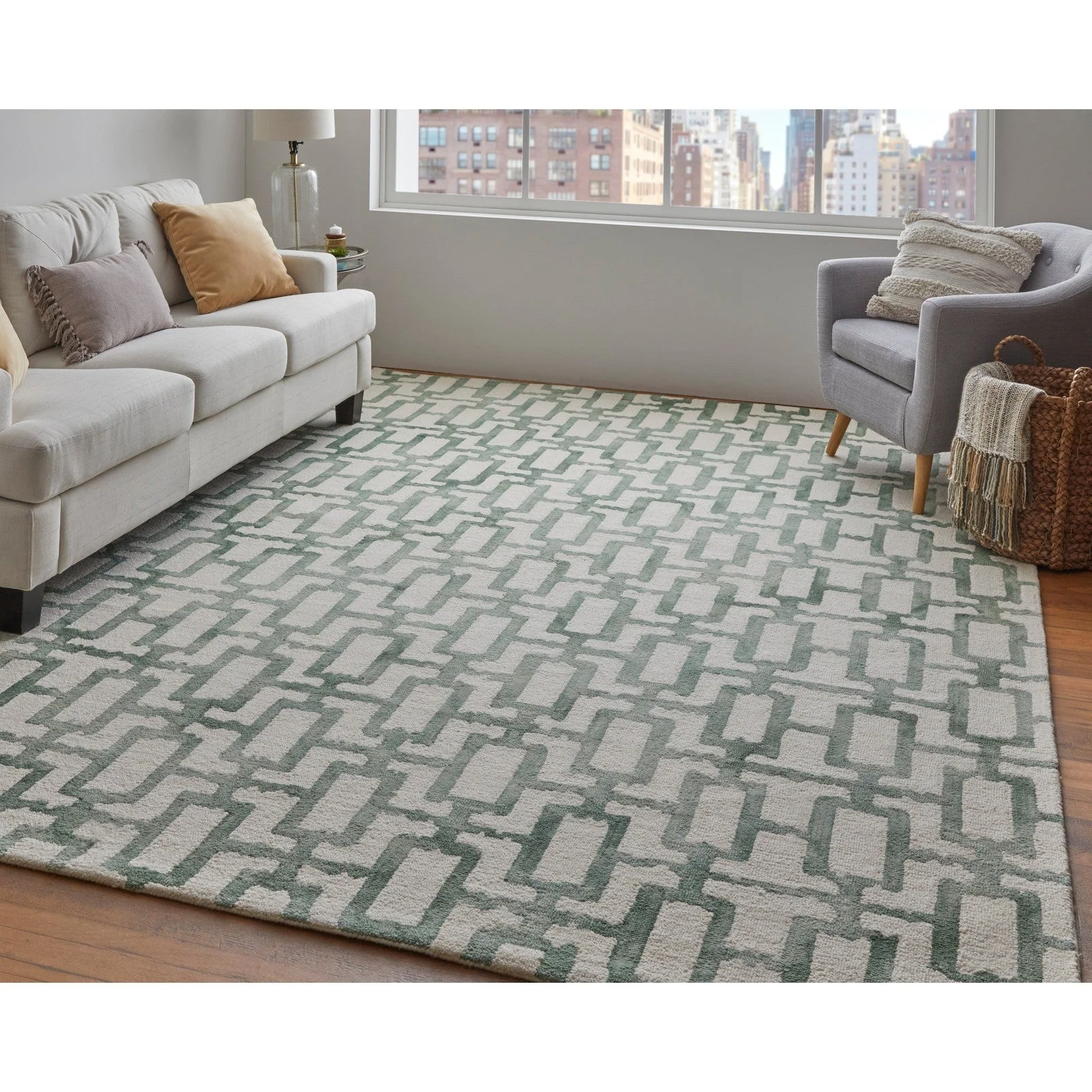 Feizy Lorrain 8919F Modern Geometric Rug in Ivory/Green - Image 3