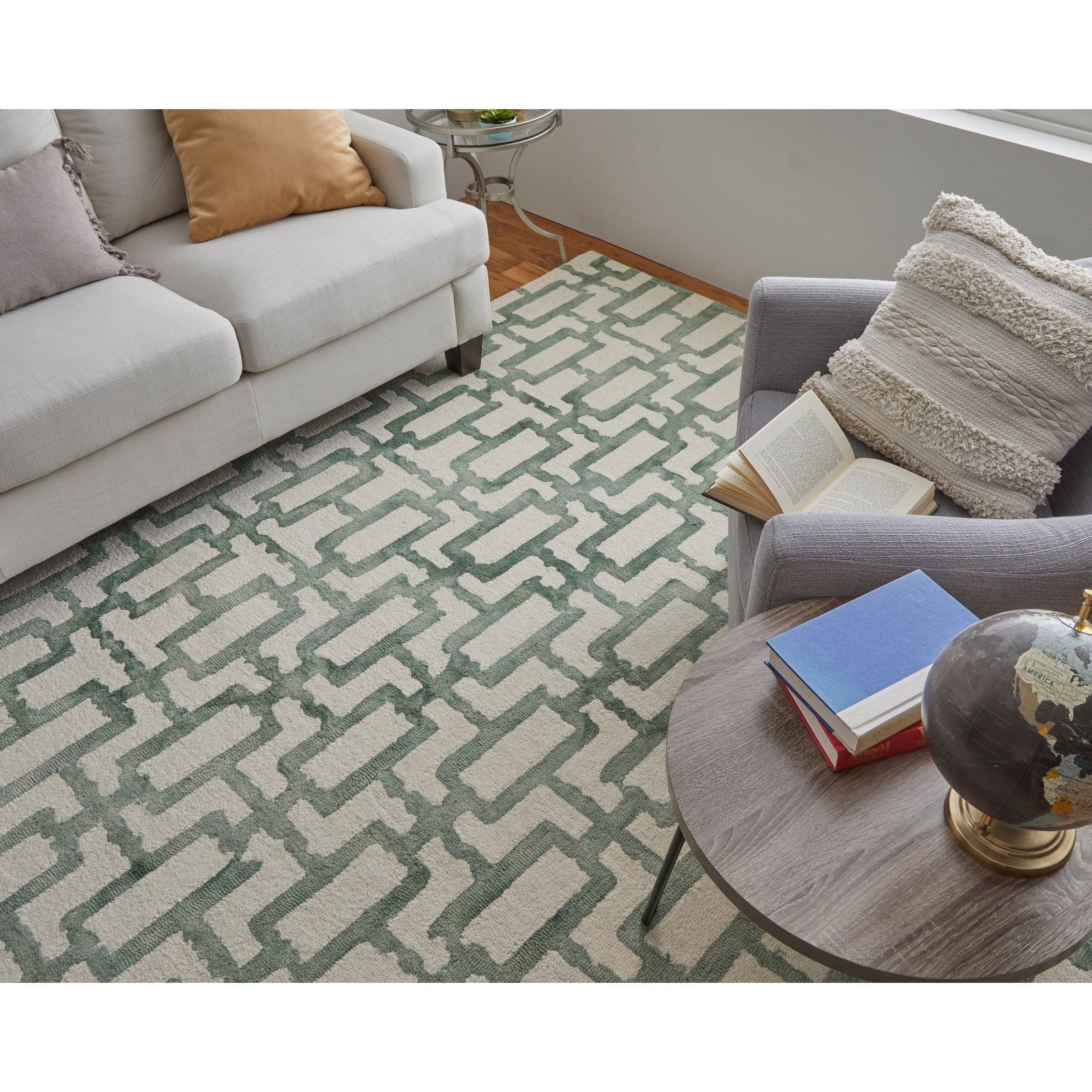 Feizy Lorrain 8919F Modern Geometric Rug in Ivory/Green - Image 4