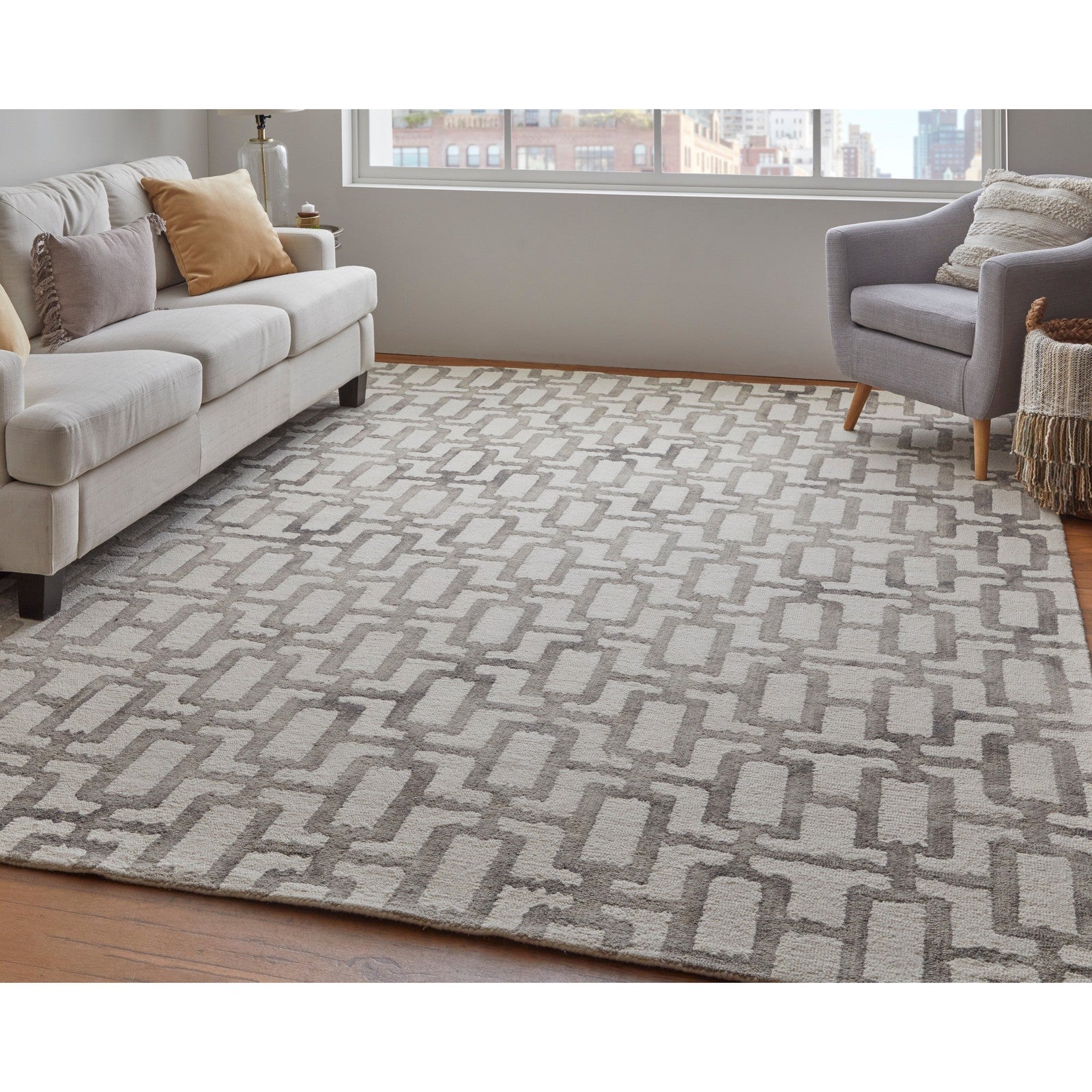Feizy Lorrain 8919F Modern Geometric Rug in Ivory/Taupe - Image 3