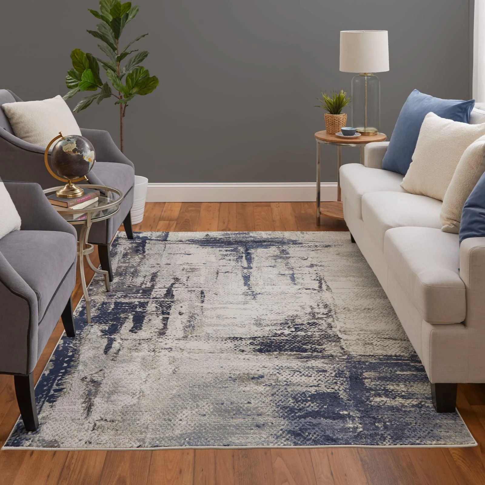 Feizy Mandana 39LZF Modern Abstract Rug in Ivory/Blue - Image 2