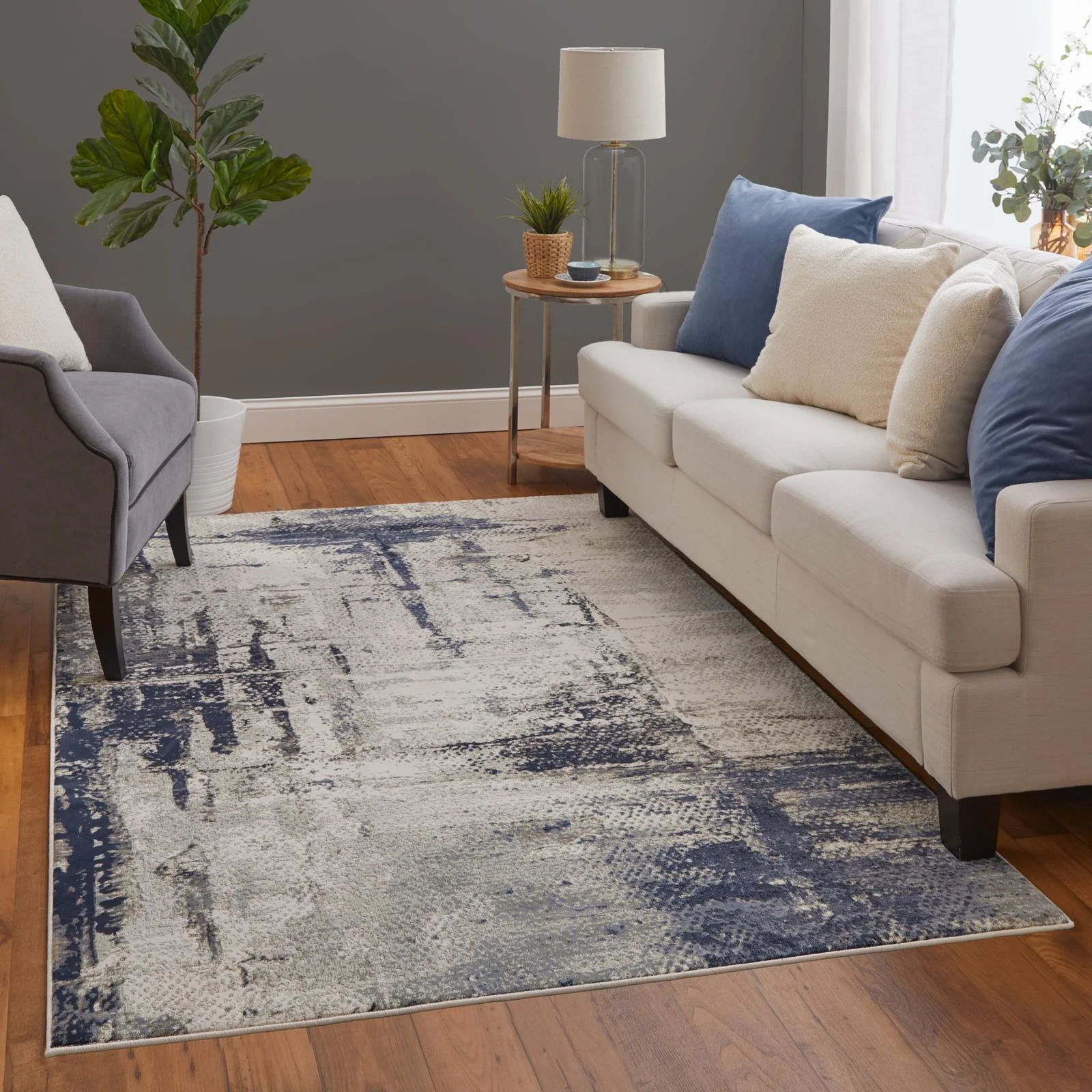 Feizy Mandana 39LZF Modern Abstract Rug in Ivory/Blue - Image 3