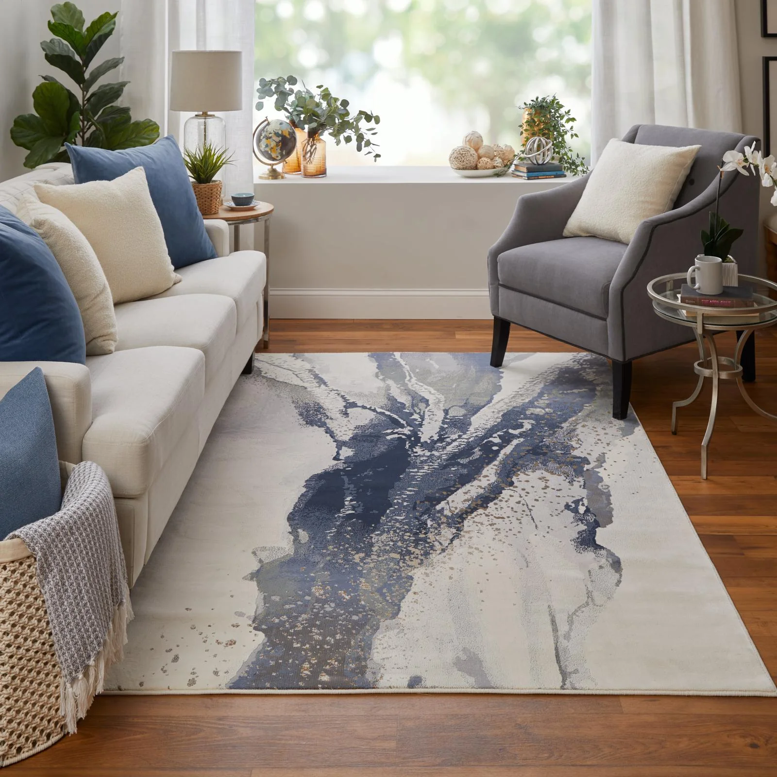 Feizy Mandana 39M0F Modern Abstract Rug in Ivory/Blue - Image 2