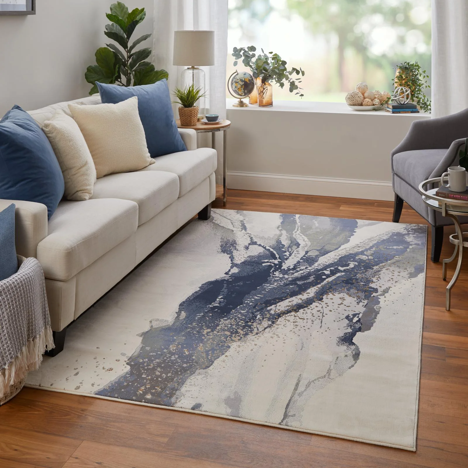 Feizy Mandana 39M0F Modern Abstract Rug in Ivory/Blue - Image 3