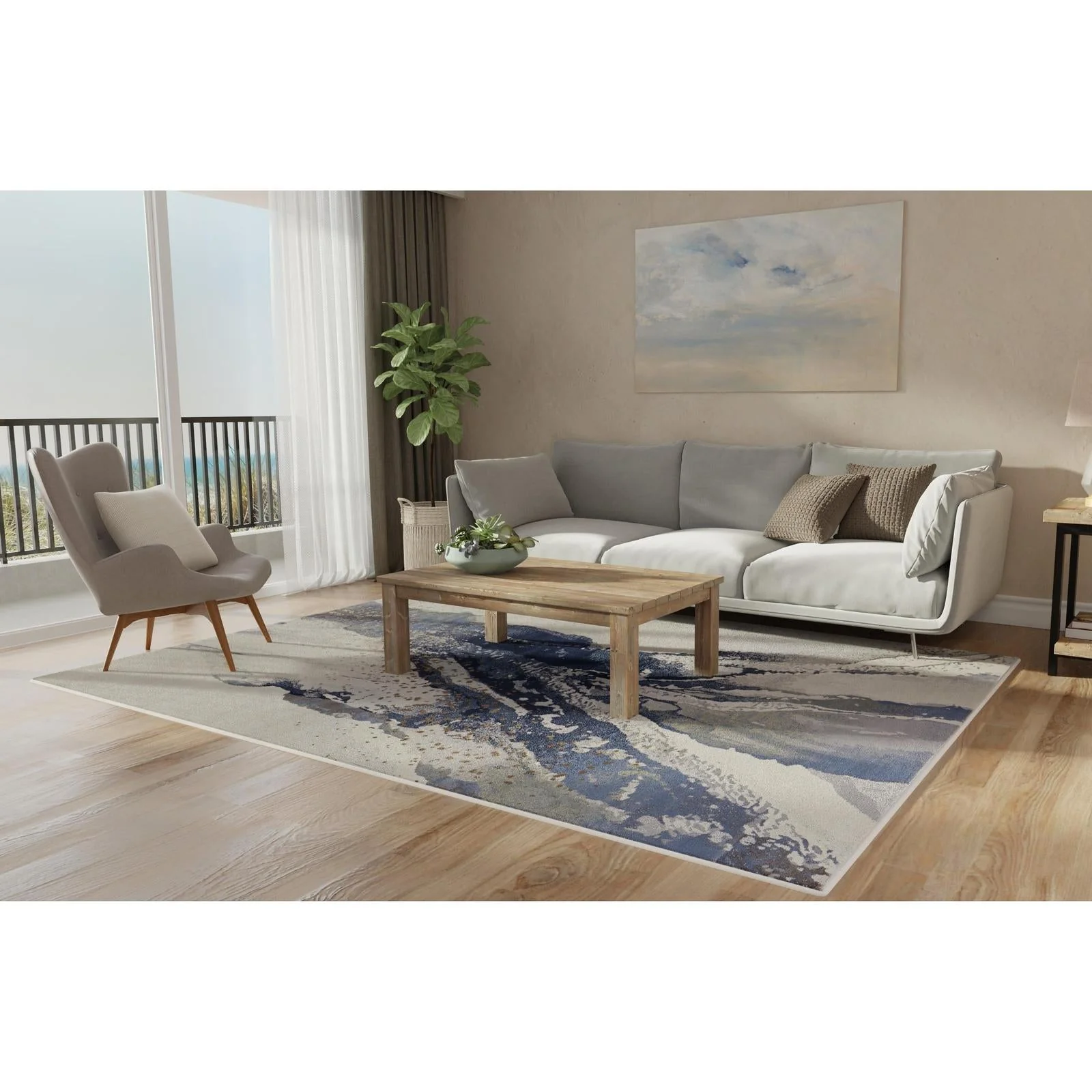 Feizy Mandana 39M0F Modern Abstract Rug in Ivory/Blue - Image 4