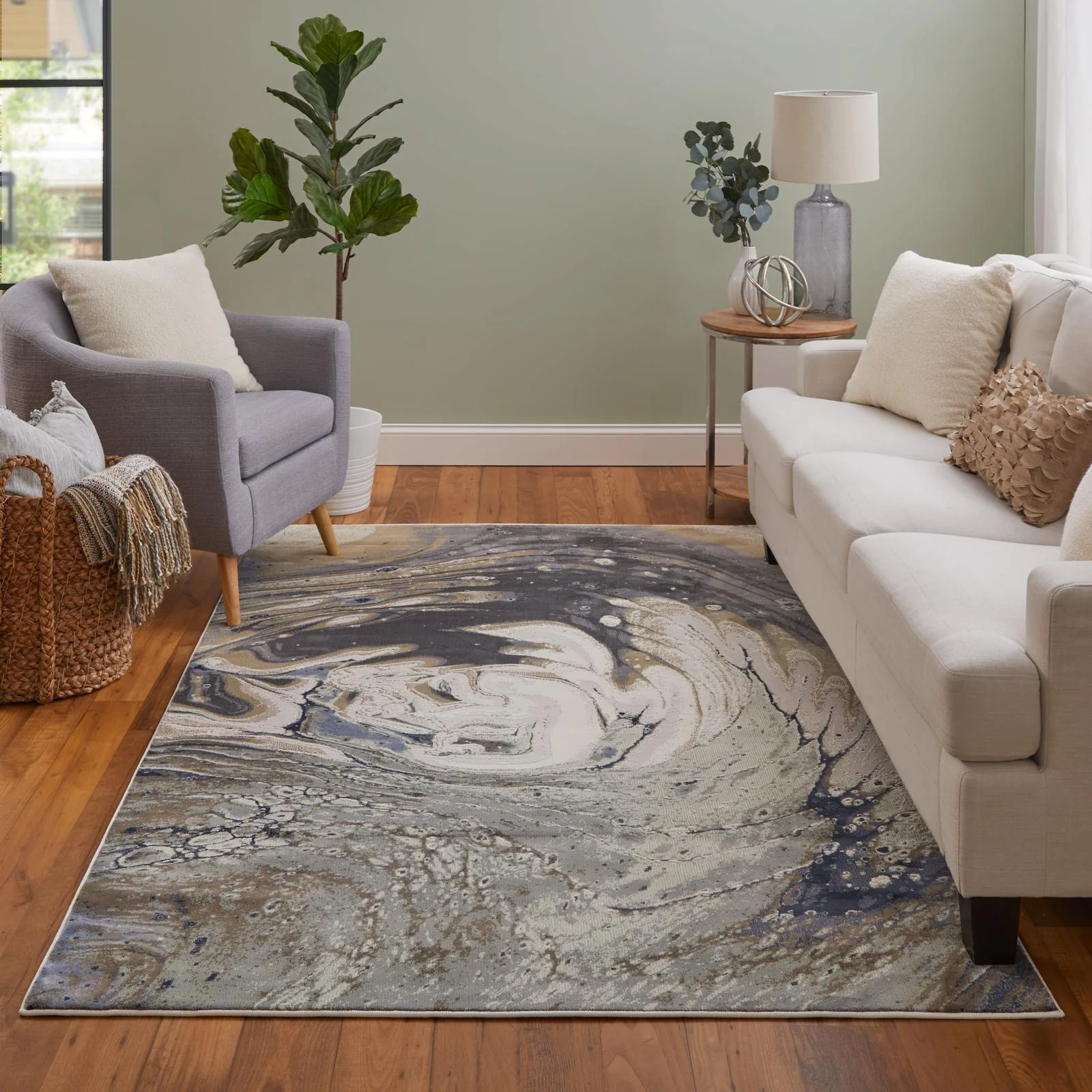 Feizy Mandana 39M1F Modern Abstract Rug in Ivory/Taupe/Blue - Image 2