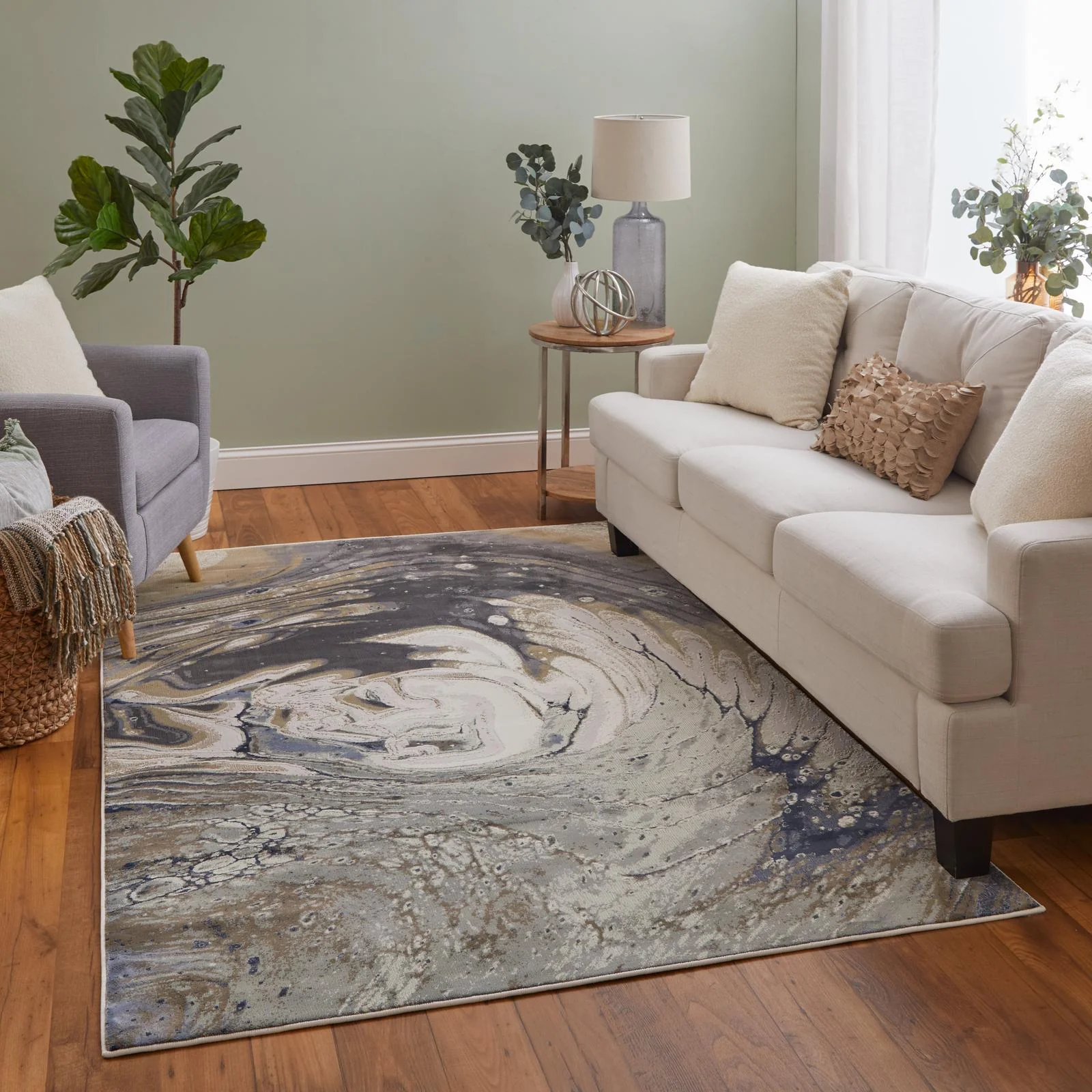 Feizy Mandana 39M1F Modern Abstract Rug in Ivory/Taupe/Blue - Image 3