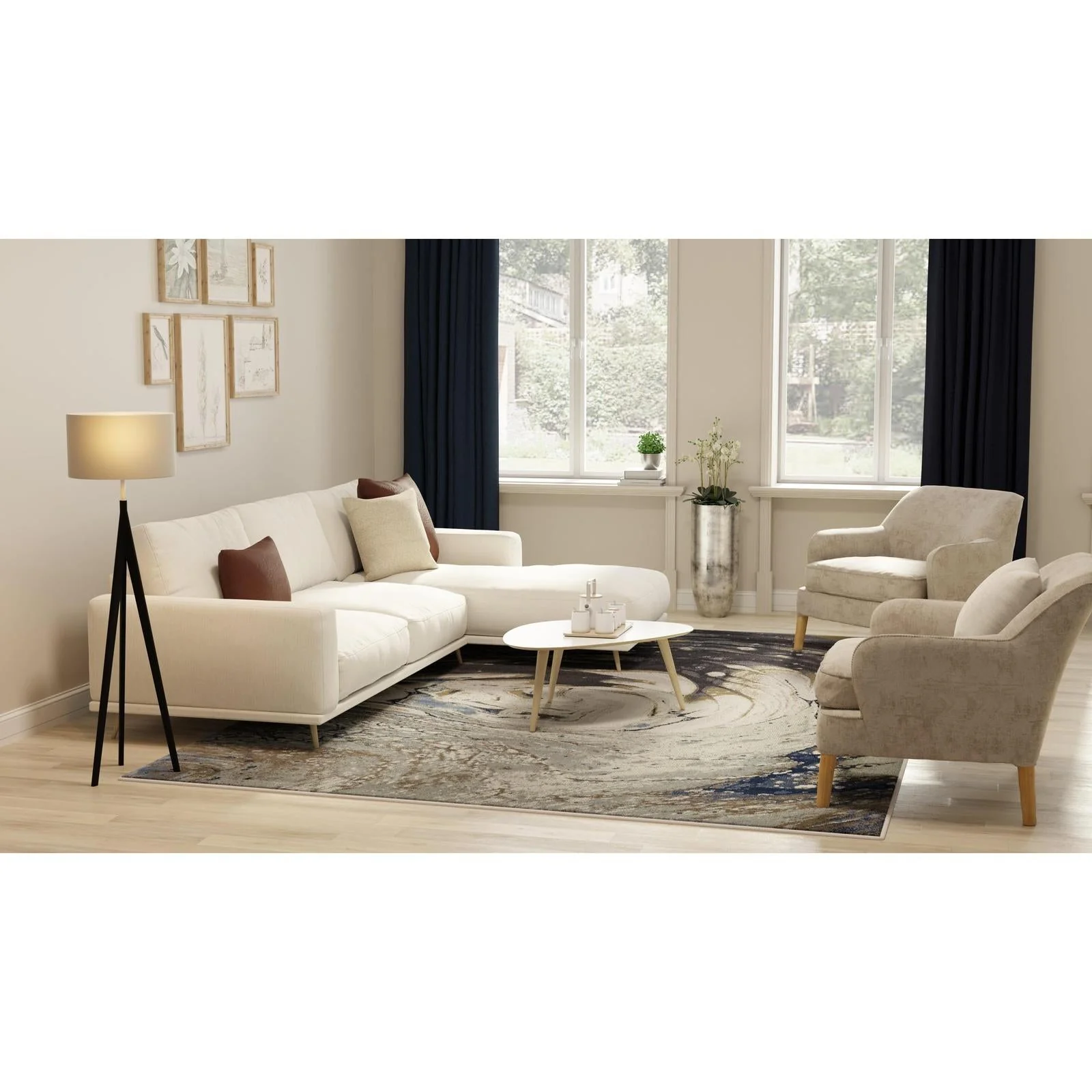 Feizy Mandana 39M1F Modern Abstract Rug in Ivory/Taupe/Blue - Image 4