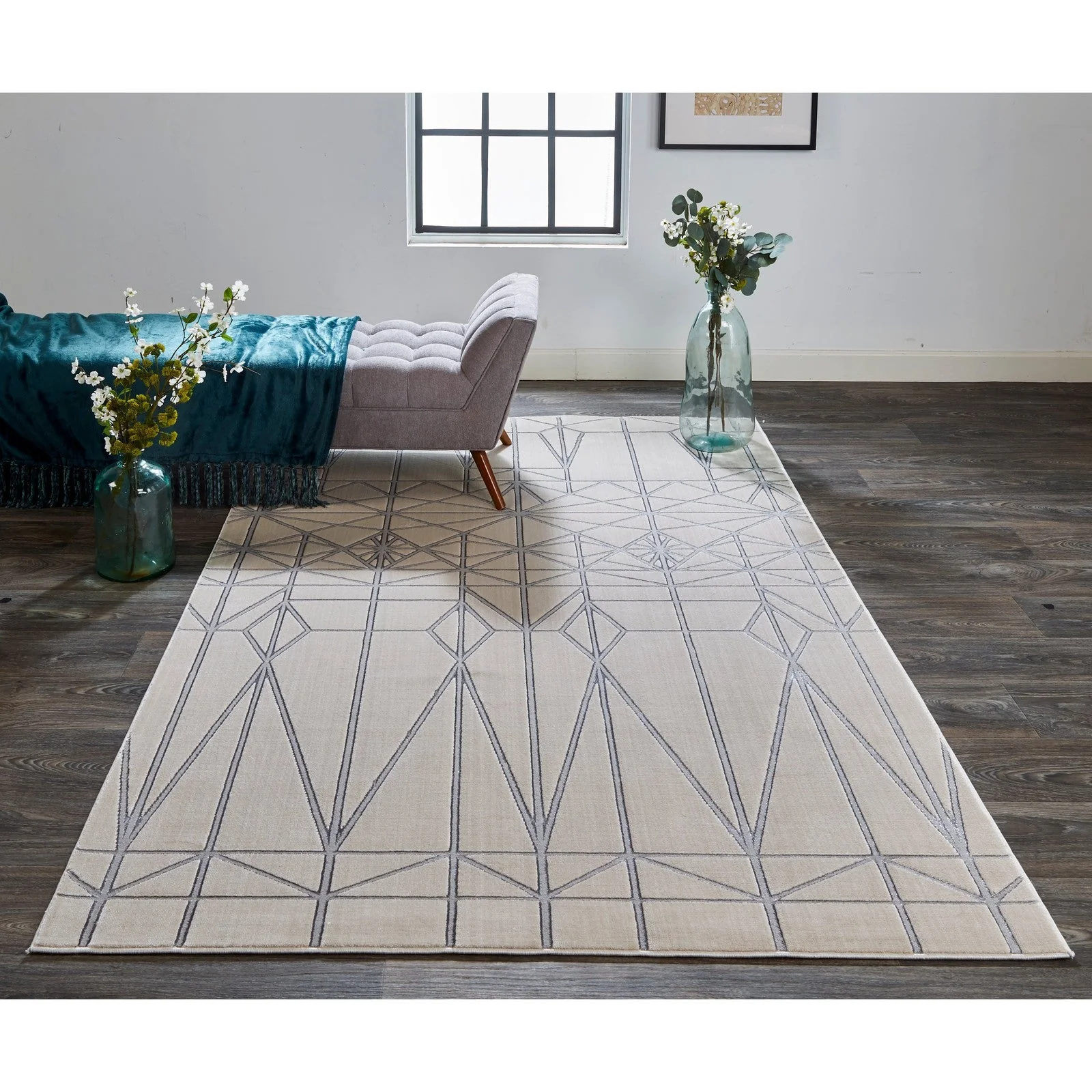 Feizy Micah 3045F Modern Geometric in White/Silver/Gray - Image 4