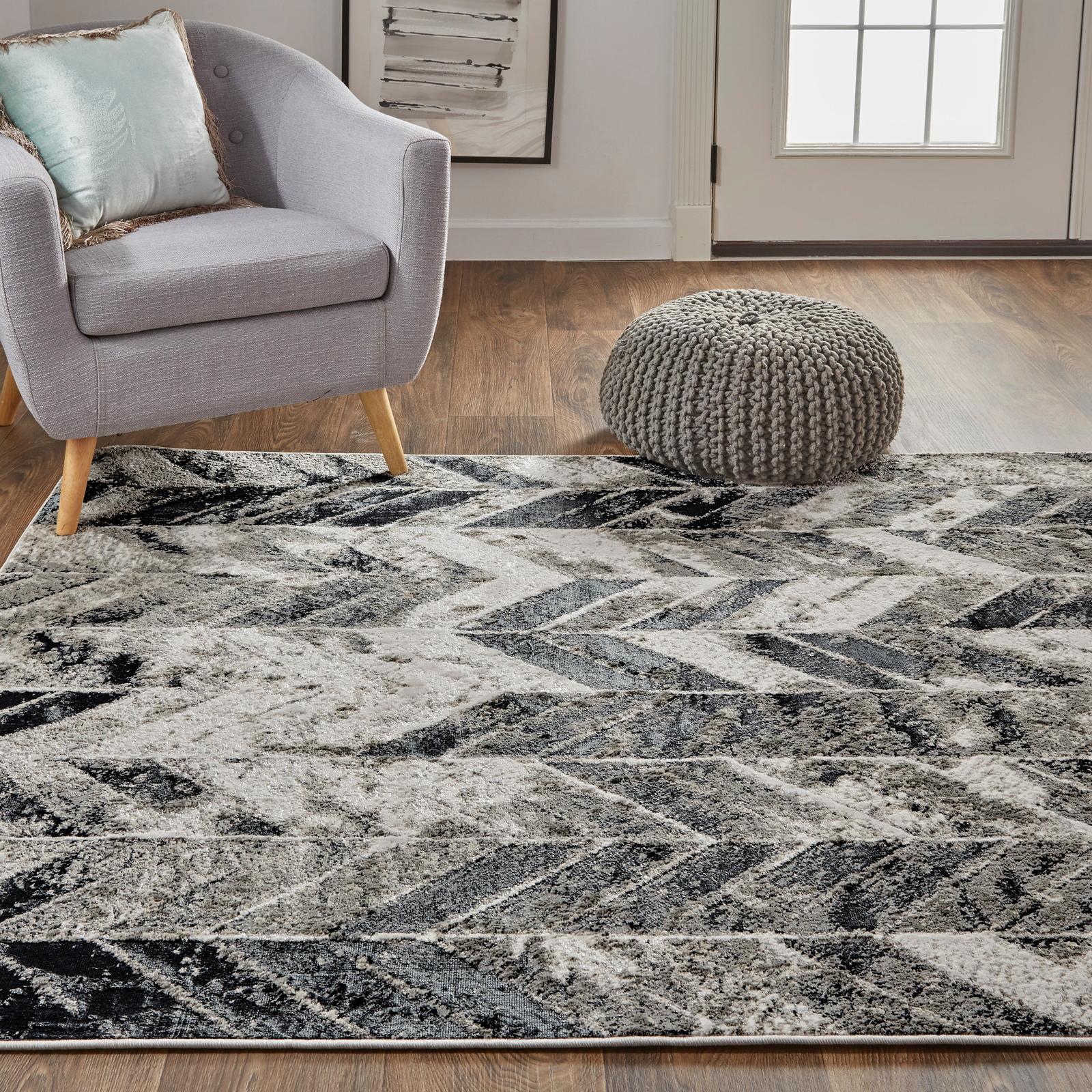 Feizy Micah 3048F Modern Chevron Rug in Black/Gray/Silver - Image 3