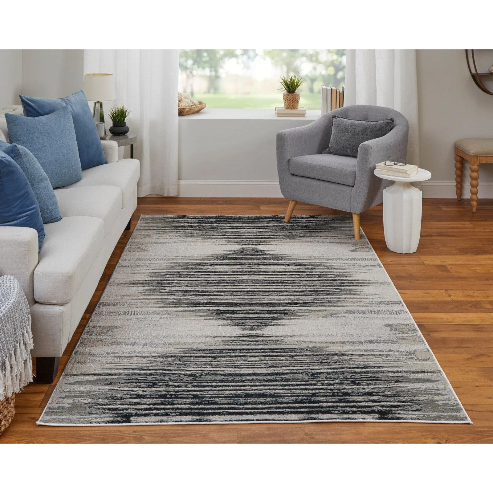 Feizy Micah 39LRF Modern Diamond Rug in Black/Silver/Taupe - Image 2