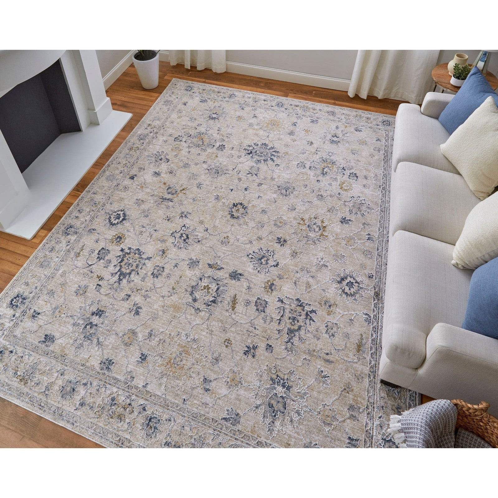 Feizy Pasha 39M7F Transitional Floral & Botanical in Ivory/Taupe/Blue - Image 2