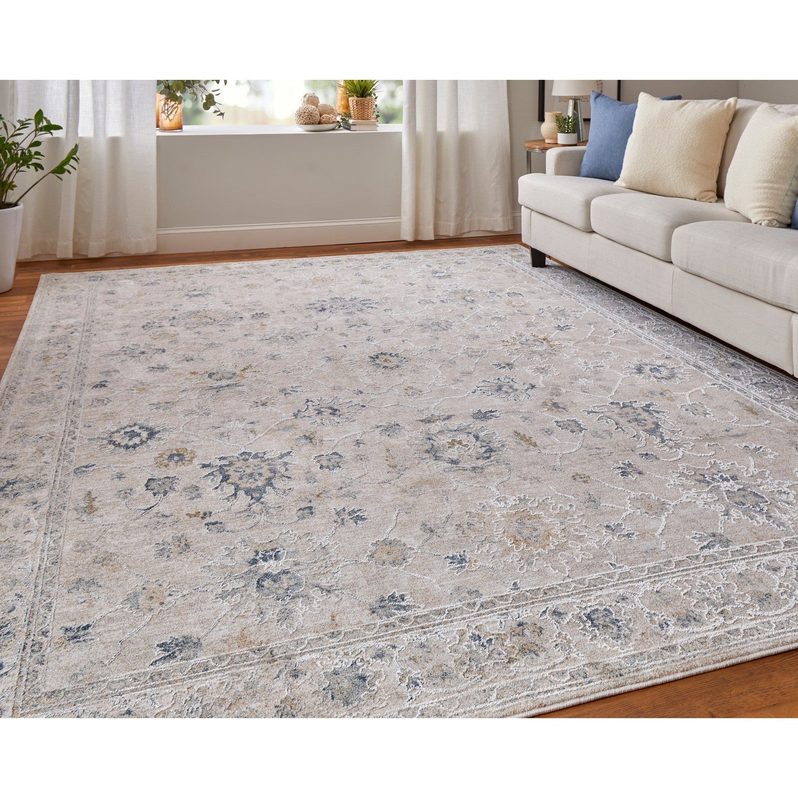 Feizy Pasha 39M7F Transitional Floral & Botanical in Ivory/Taupe/Blue - Image 3
