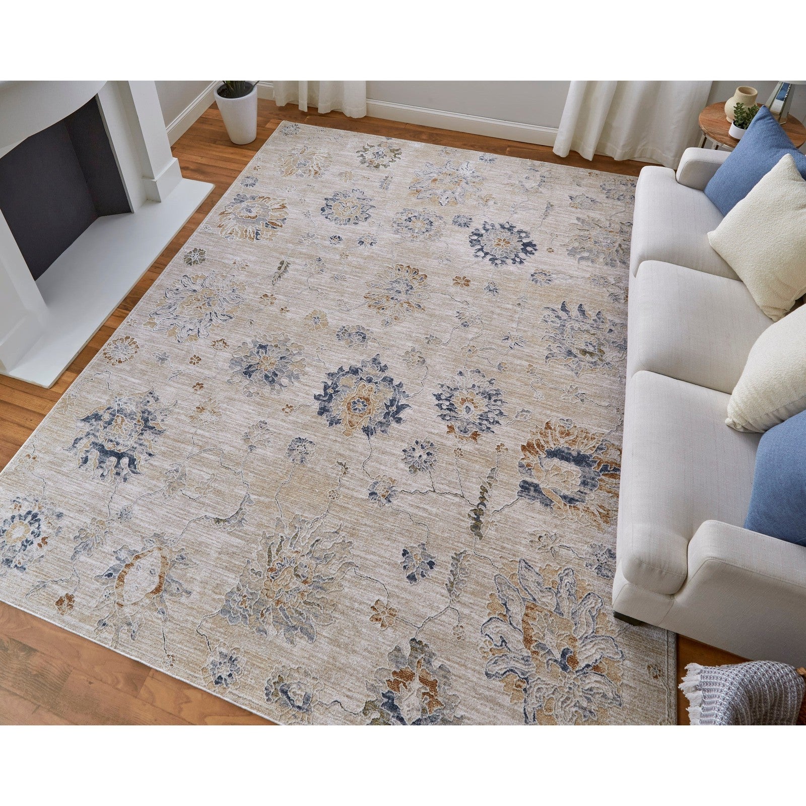 Feizy Pasha 39M9F Transitional Floral & Botanical in Taupe/Ivory/Blue - Image 2