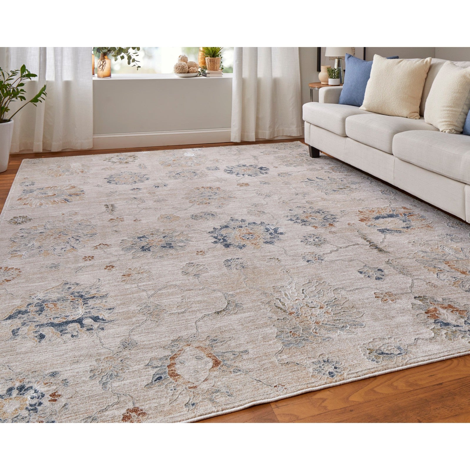 Feizy Pasha 39M9F Transitional Floral & Botanical in Taupe/Ivory/Blue - Image 3