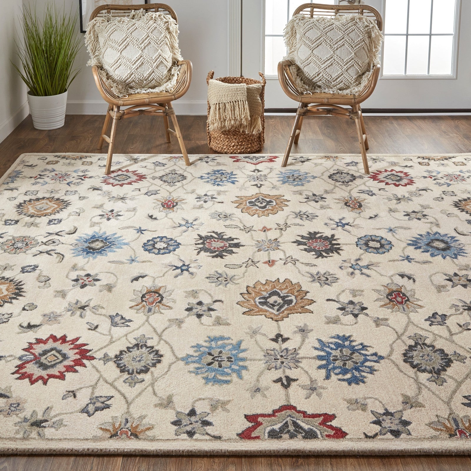 Feizy Rylan 8641F Transitional Floral & Botanical in Ivory/Blue/Tan - Image 3