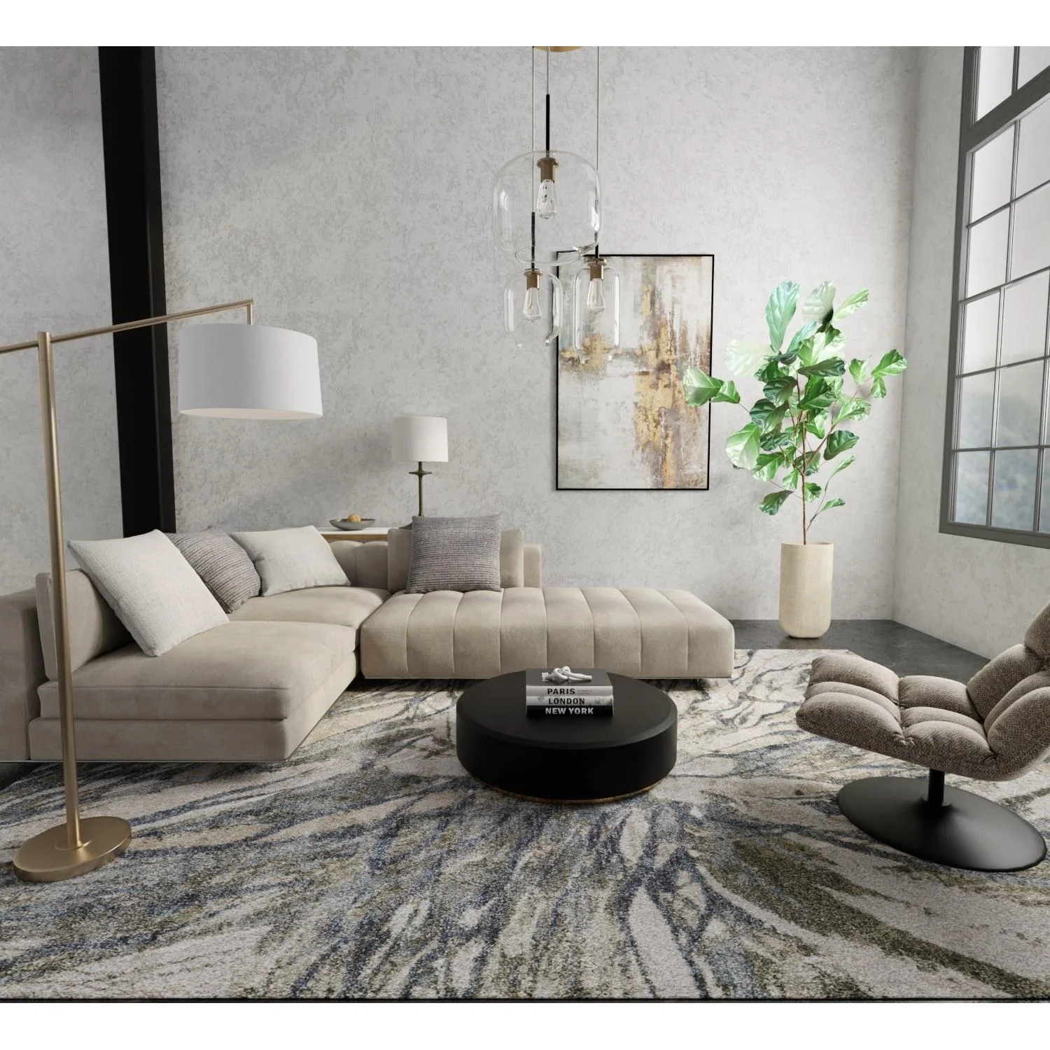 Feizy Skyview 39Q8F Modern Abstract Rug in Gray/Green/Ivory - Image 2